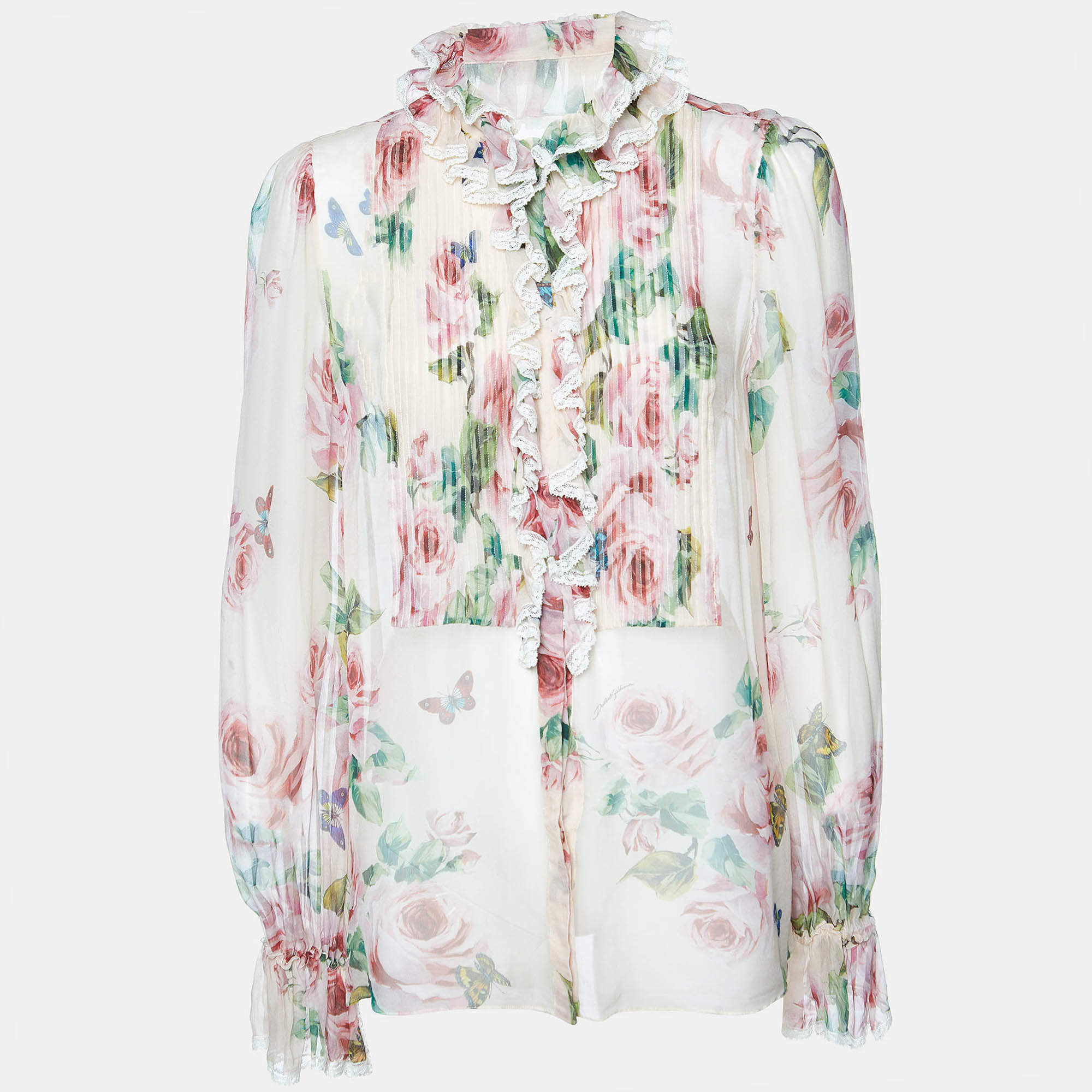 Pre Owned Dolce & Gabbana Pink Floral Print Silk Sheer Blouse M