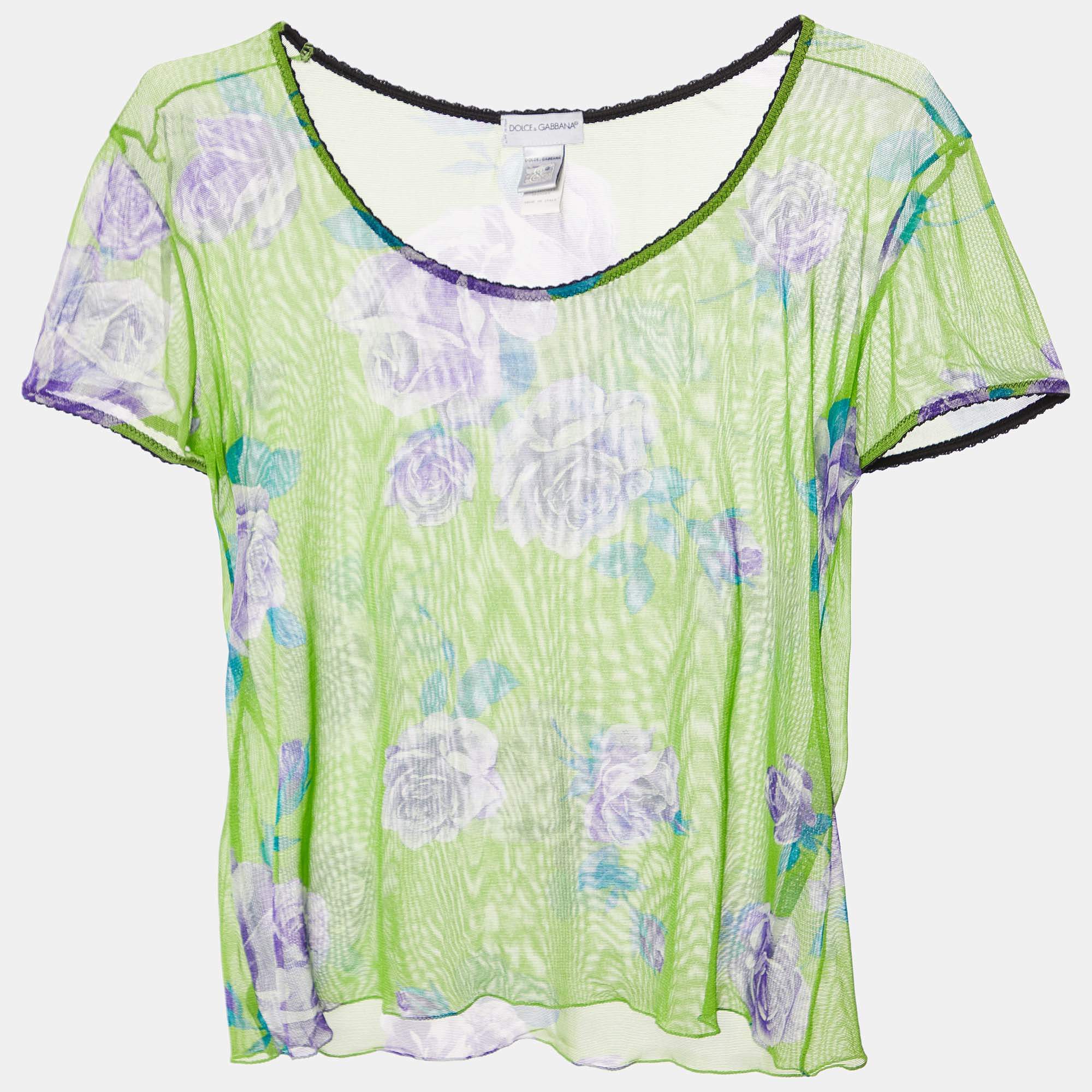 Pre Owned Dolce & Gabbana Intimo Green Floral Print Sheer Top S