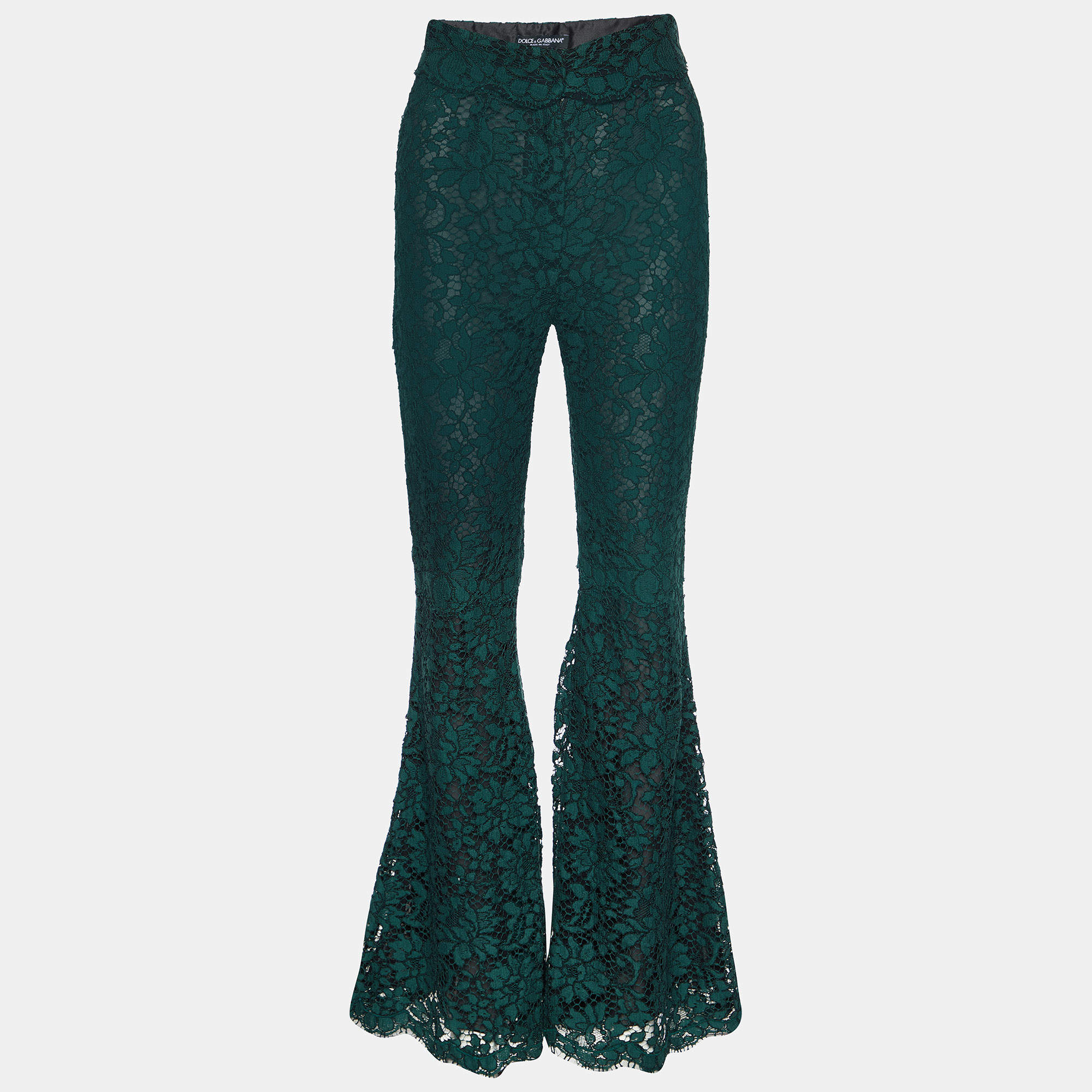 Pre Owned Dolce & Gabbana Dark Green Lace Flared Trousers S