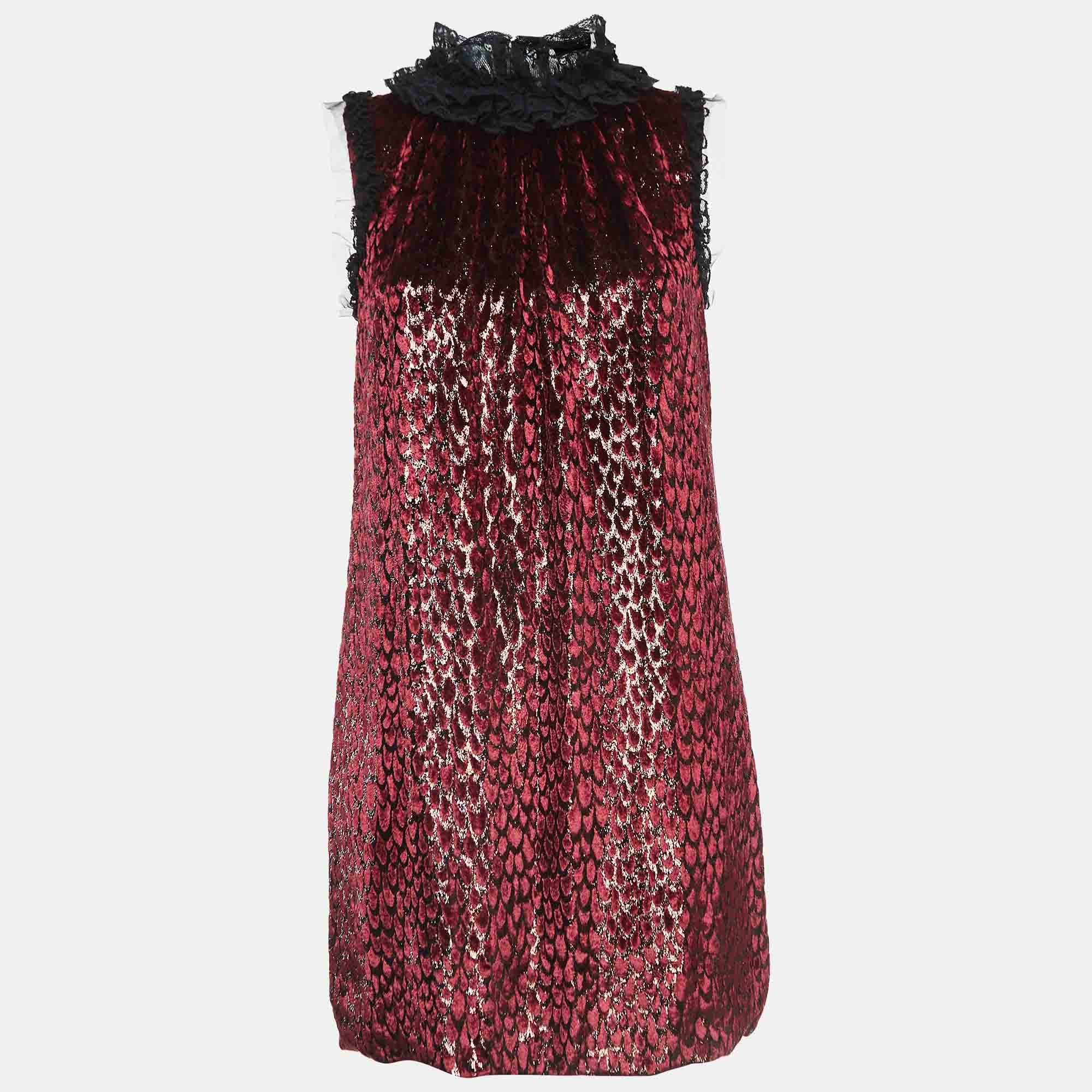 Pre Owned Dolce & Gabbana Burgundy Lace Trim Lurex and Velvet Shift Dress S