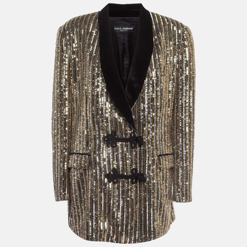Pre Owned Dolce & Gabbana Gold Sequin Toggle Up Blazer M
