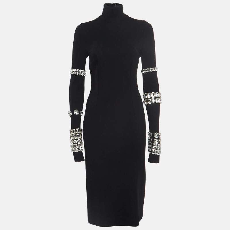 Pre Owned Dolce & Gabbana Kim Black Jersey Rhinestone Embellished Midi Dress S