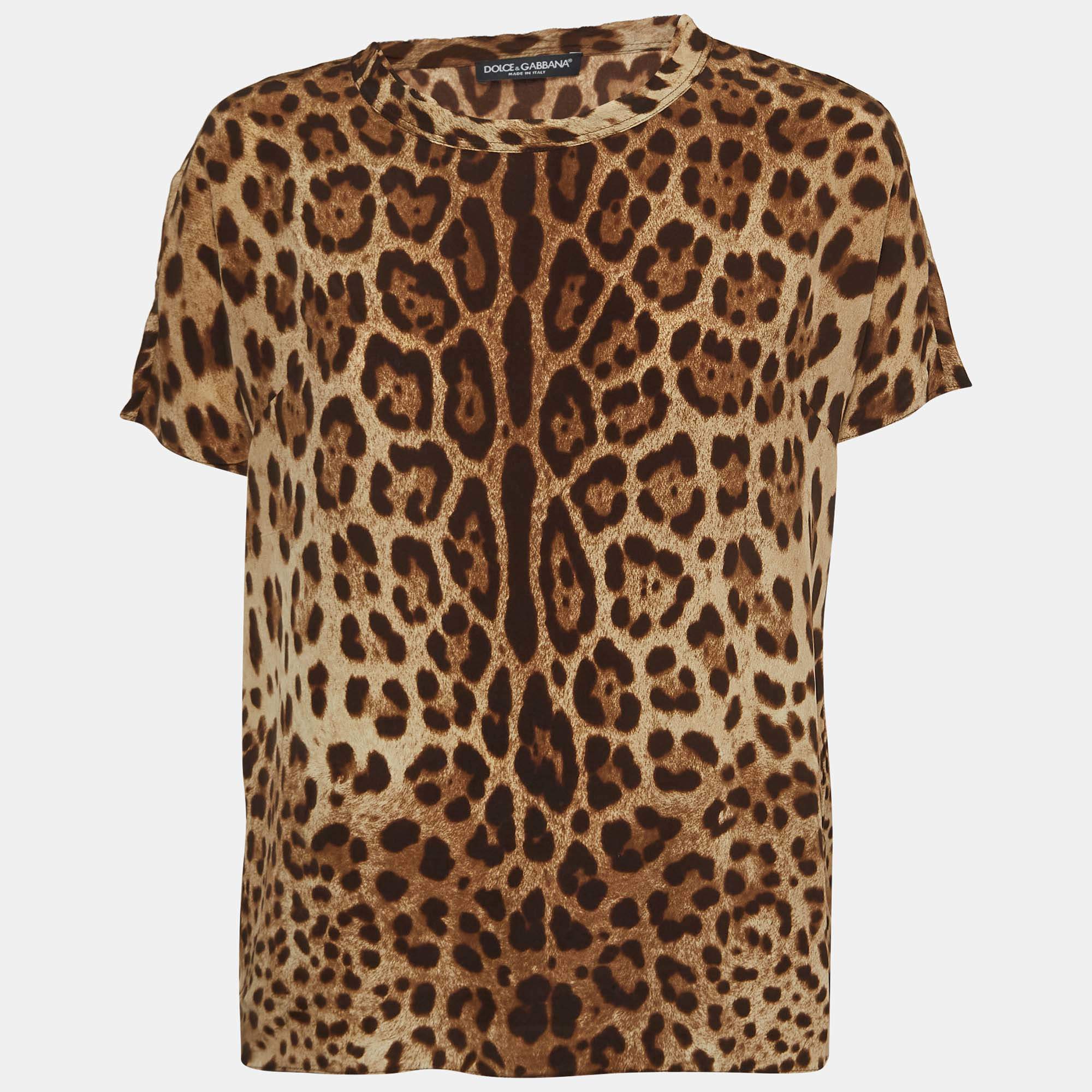 Pre Owned Dolce & Gabbana Brown Leopard Print Silk T-Shirt M