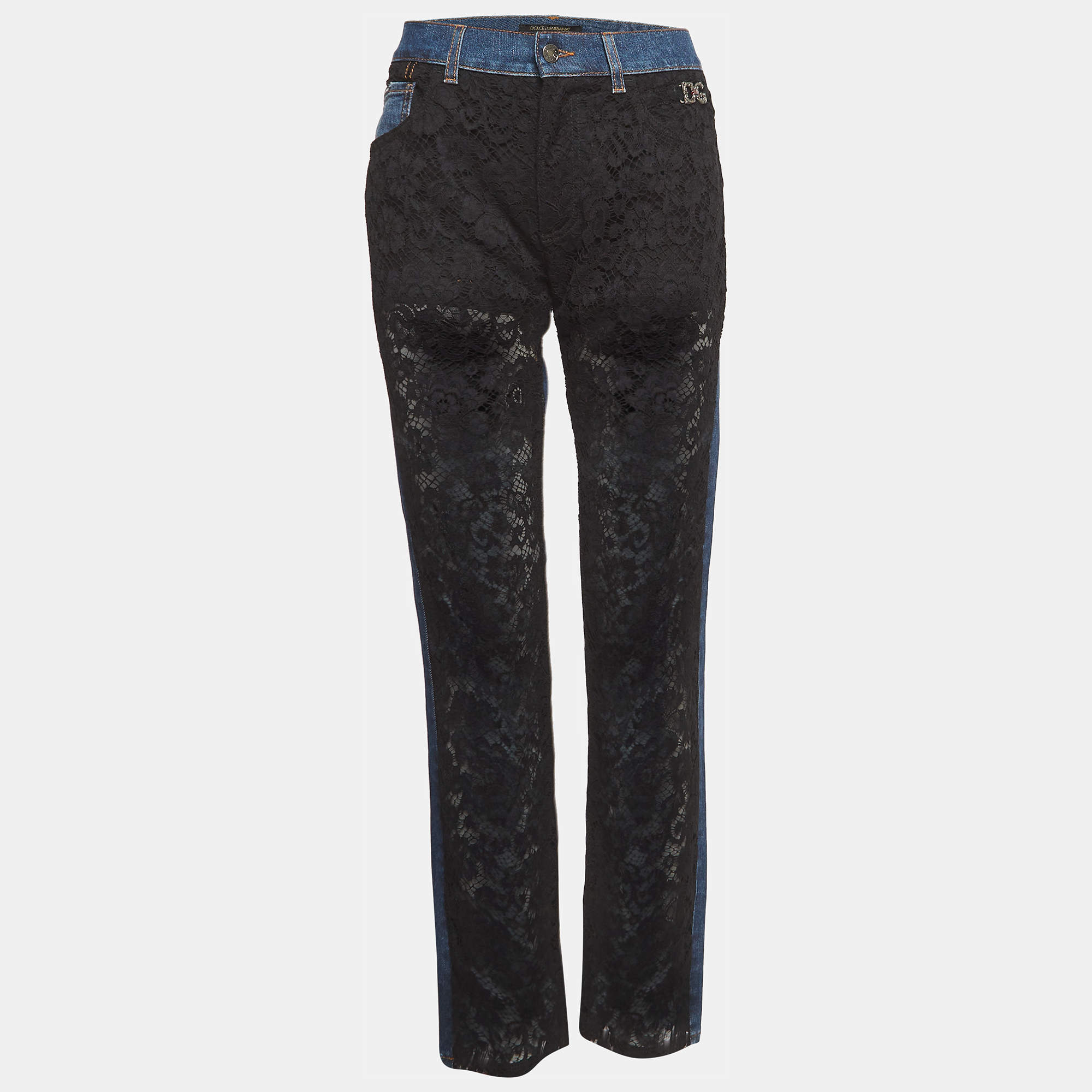 Pre Owned Dolce & Gabbana Black/Blue Lace and Denim Jeans M Waist 31"