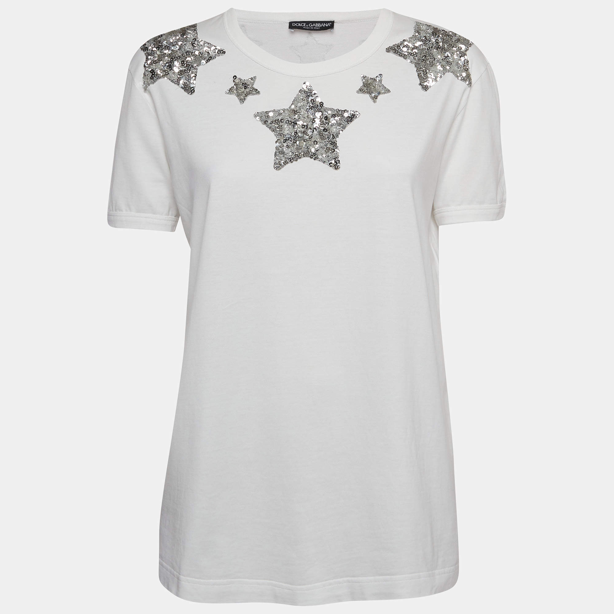 Pre Owned Dolce & Gabbana White Star Embroidered Cotton Knit Tshirt S