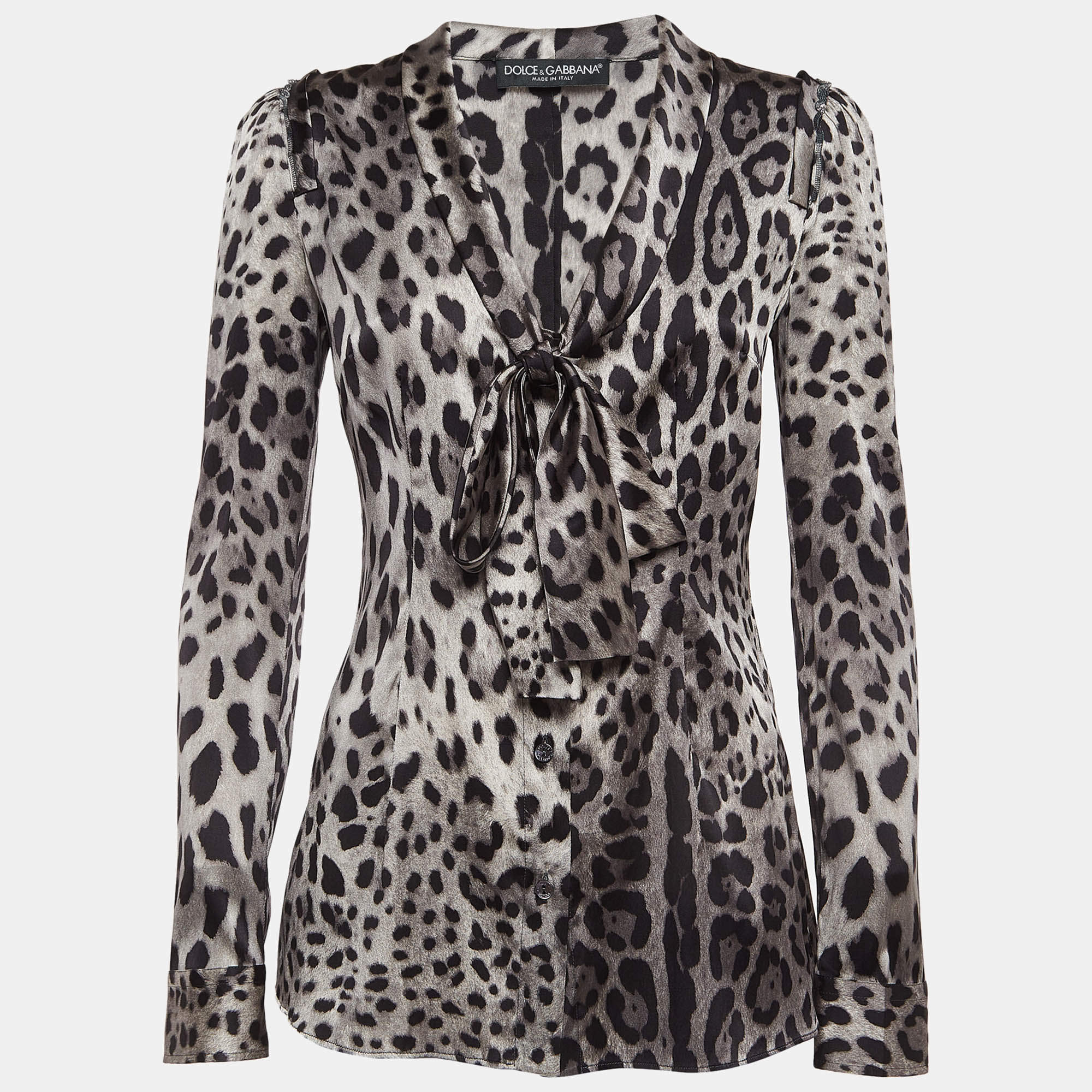 Pre Owned Dolce & Gabbana Grey Leopard Print Silk Buttoned Front Top S