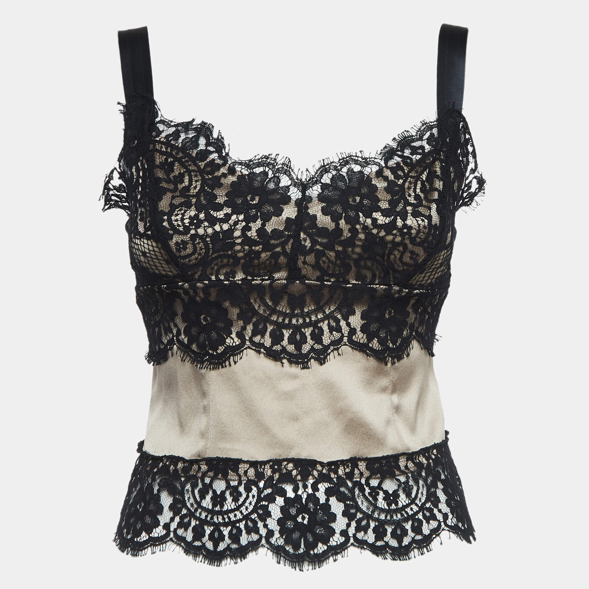 Pre Owned Dolce & Gabbana Beige Silk Blend Lace Trim Camisole Top S