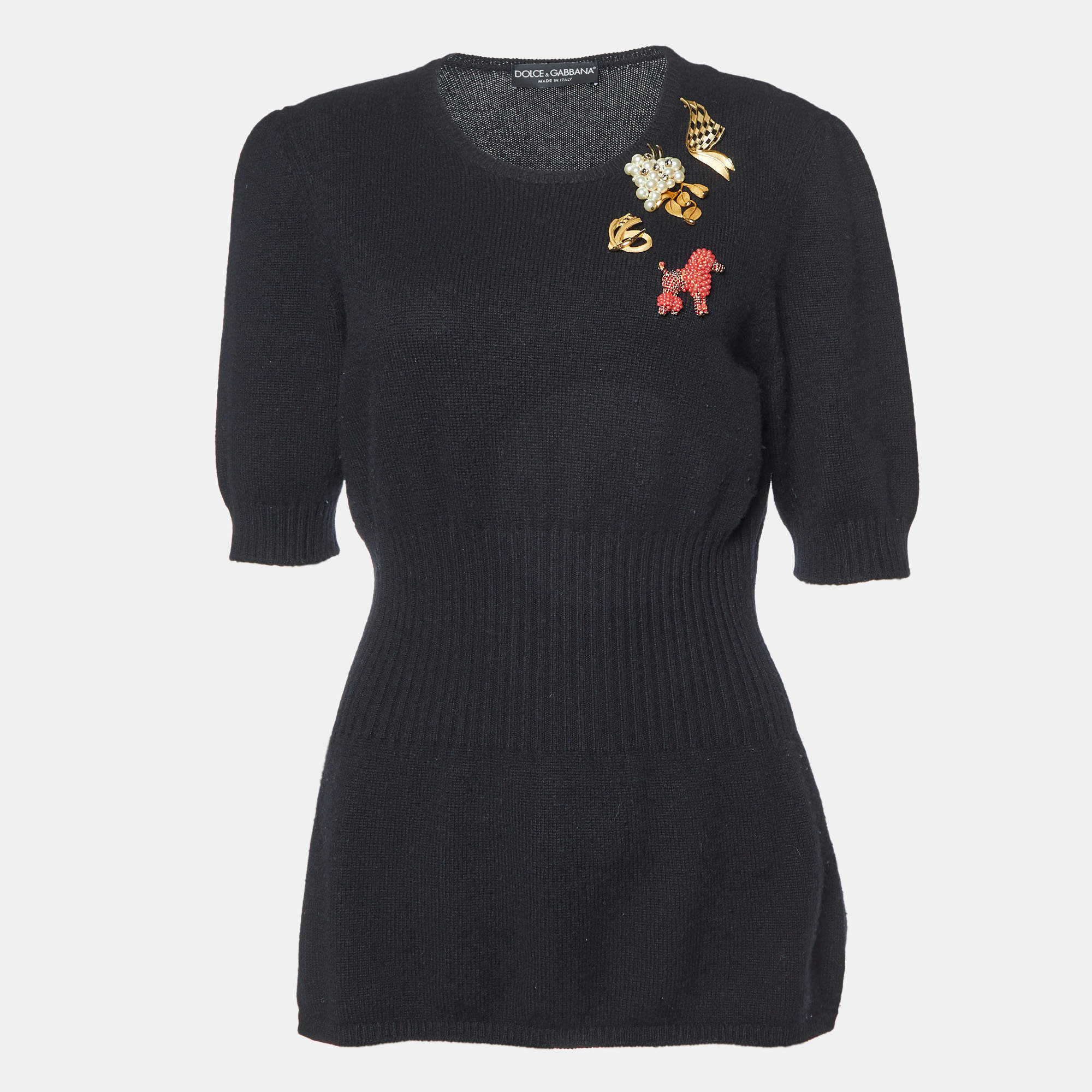 Pre Owned Dolce & Gabbana Black Cashmere Brooch Embellished Sweater L