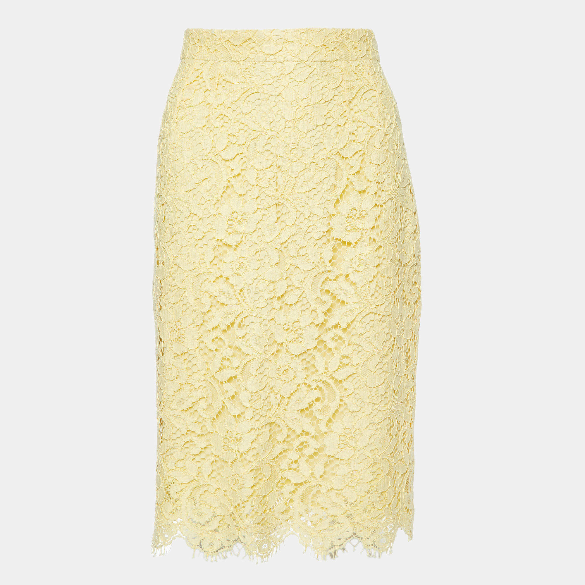 Pre Owned Dolce & Gabbana Yellow Floral Lace Knee Length Skirt M