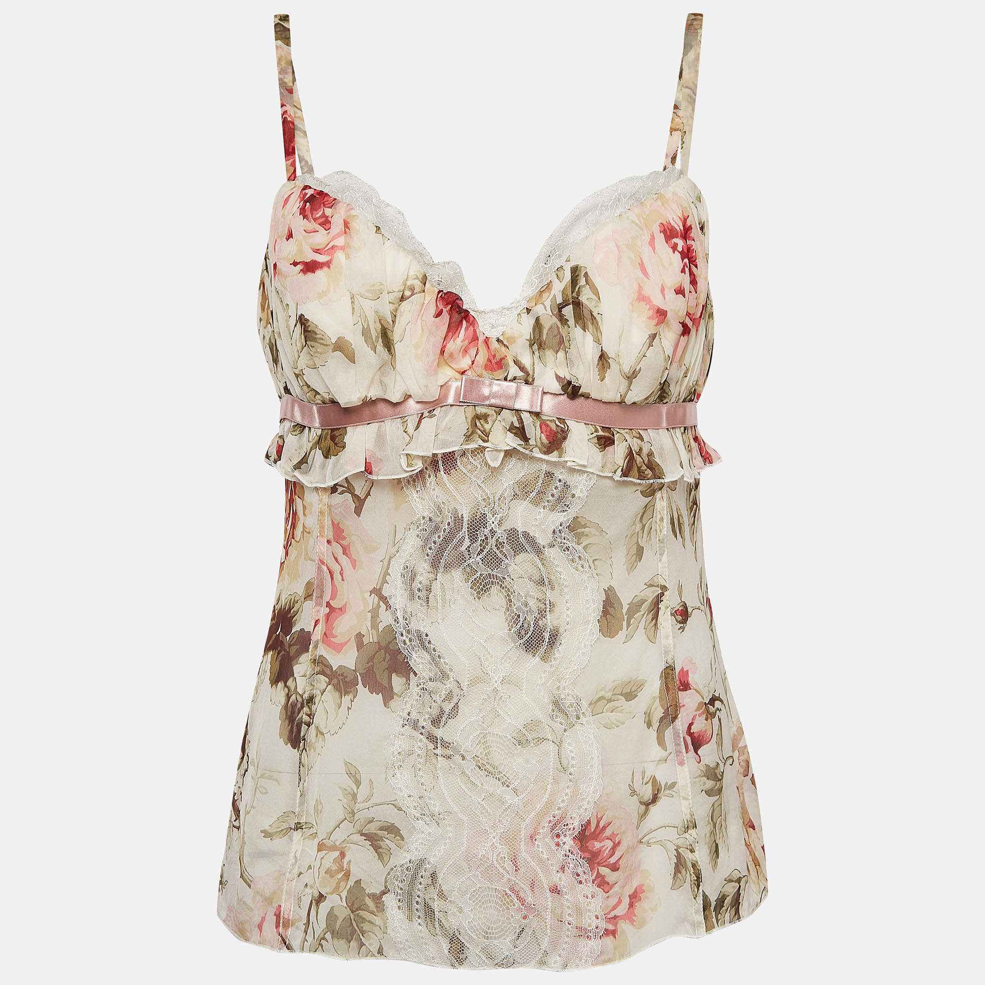Pre Owned Dolce & Gabbana Multicolor Floral Print Lace Trim Silk Camisole Top M