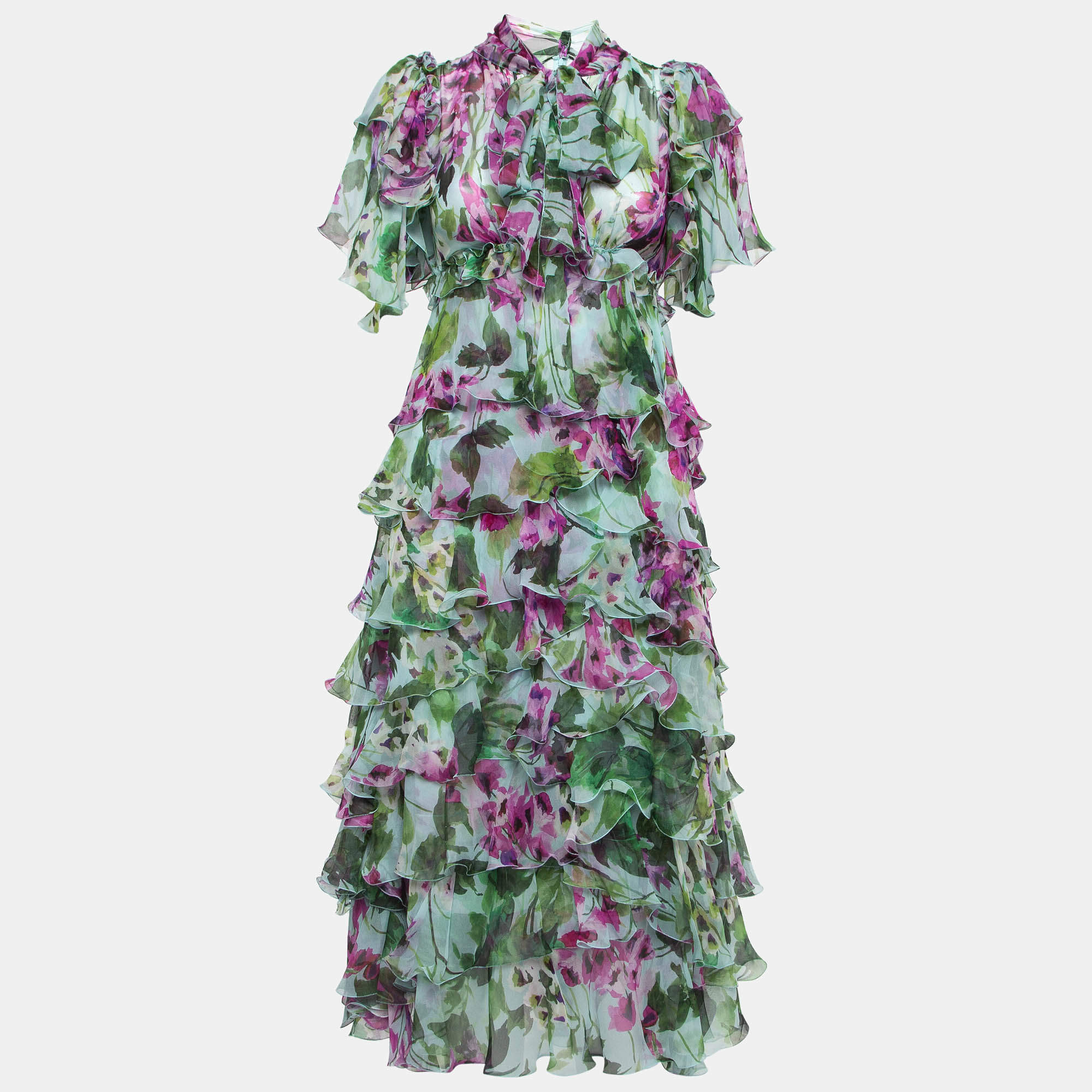 Pre Owned Dolce & Gabbana Green/Purple Floral Print Silk Ruffled Midi Dress XS
