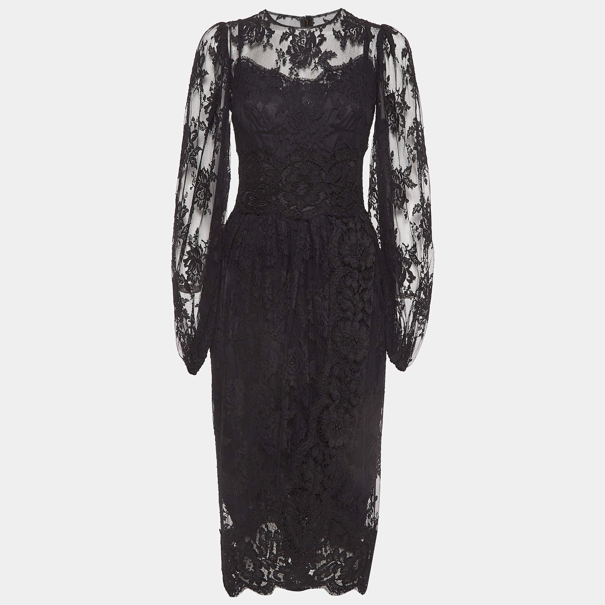 Pre Owned Dolce & Gabbana Black Floral Patterned Lace Midi Dress S