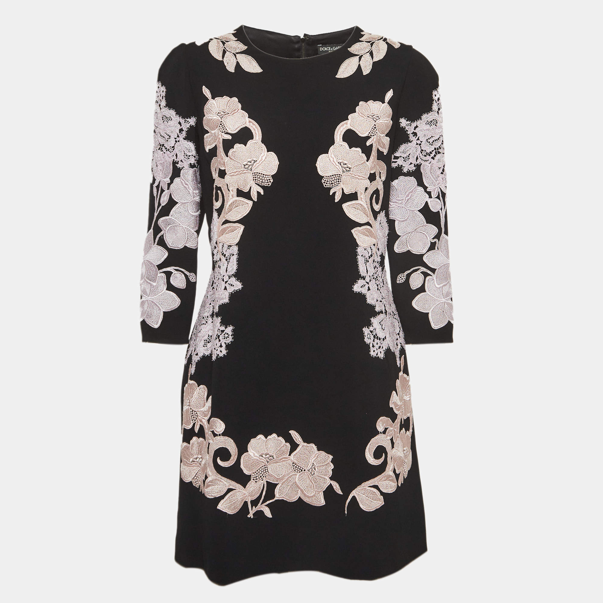 Pre Owned Dolce & Gabbana Black Floral Embroidered Crepe Mini Dress L