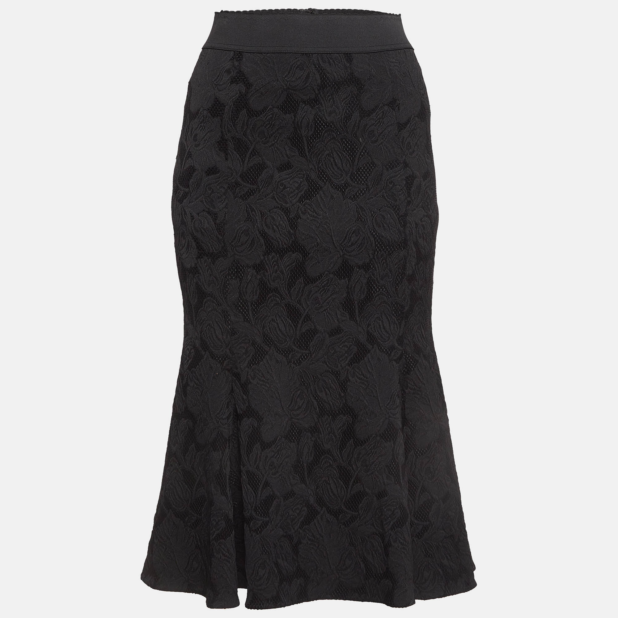 مملوكة مسبقًا Dolce & Gabbana Black Floral Jacquard Flared Midi Skirt M