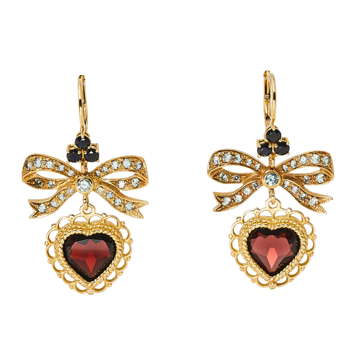 Dolce & Gabbana Bow Heart Multicolor Sapphire Garnet 18k Yellow Gold Leverback Earrings 