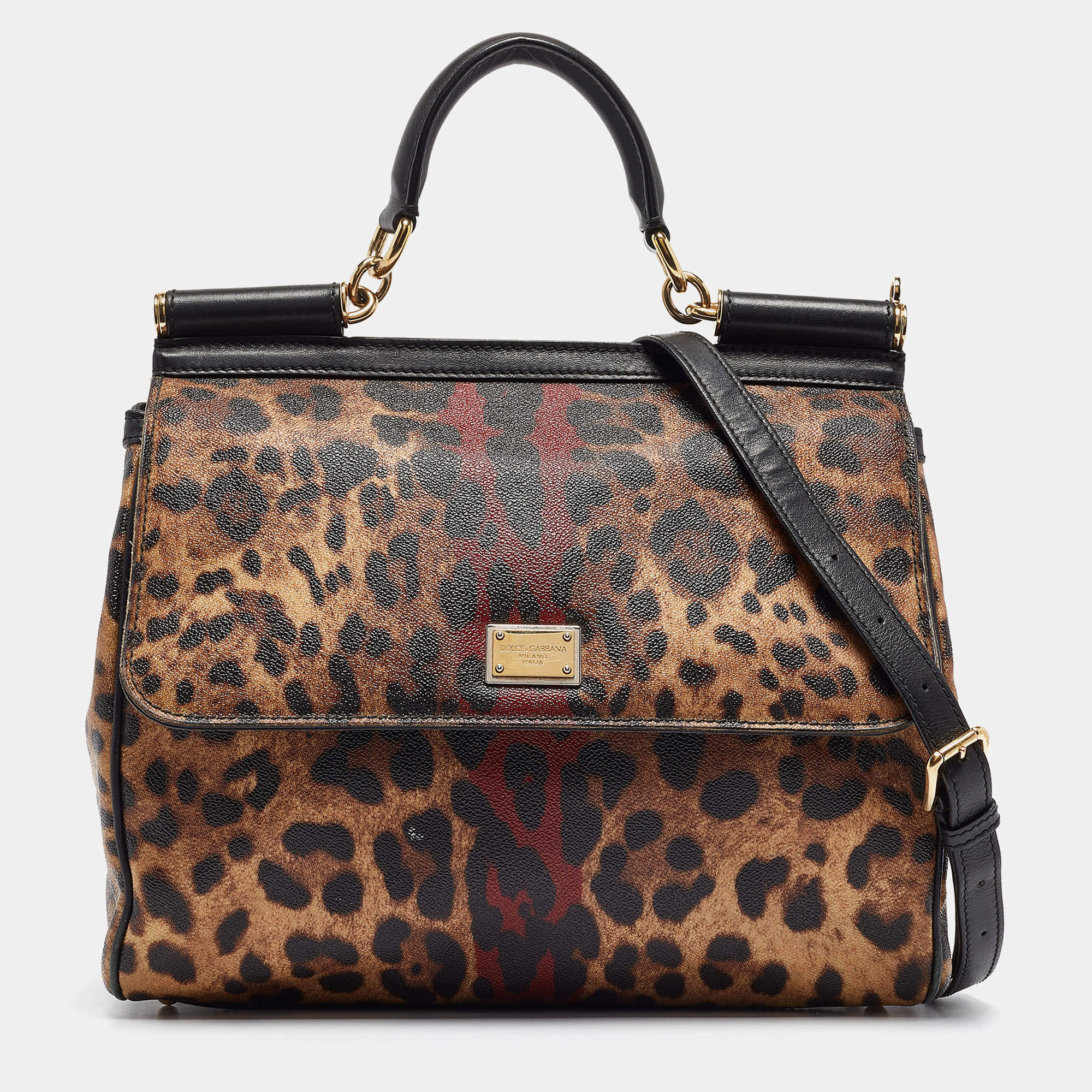 Pre Owned Dolce & Gabbana Black/Brown Leopard Print Coated Canvas Large Miss Sicily Top Handle Bag