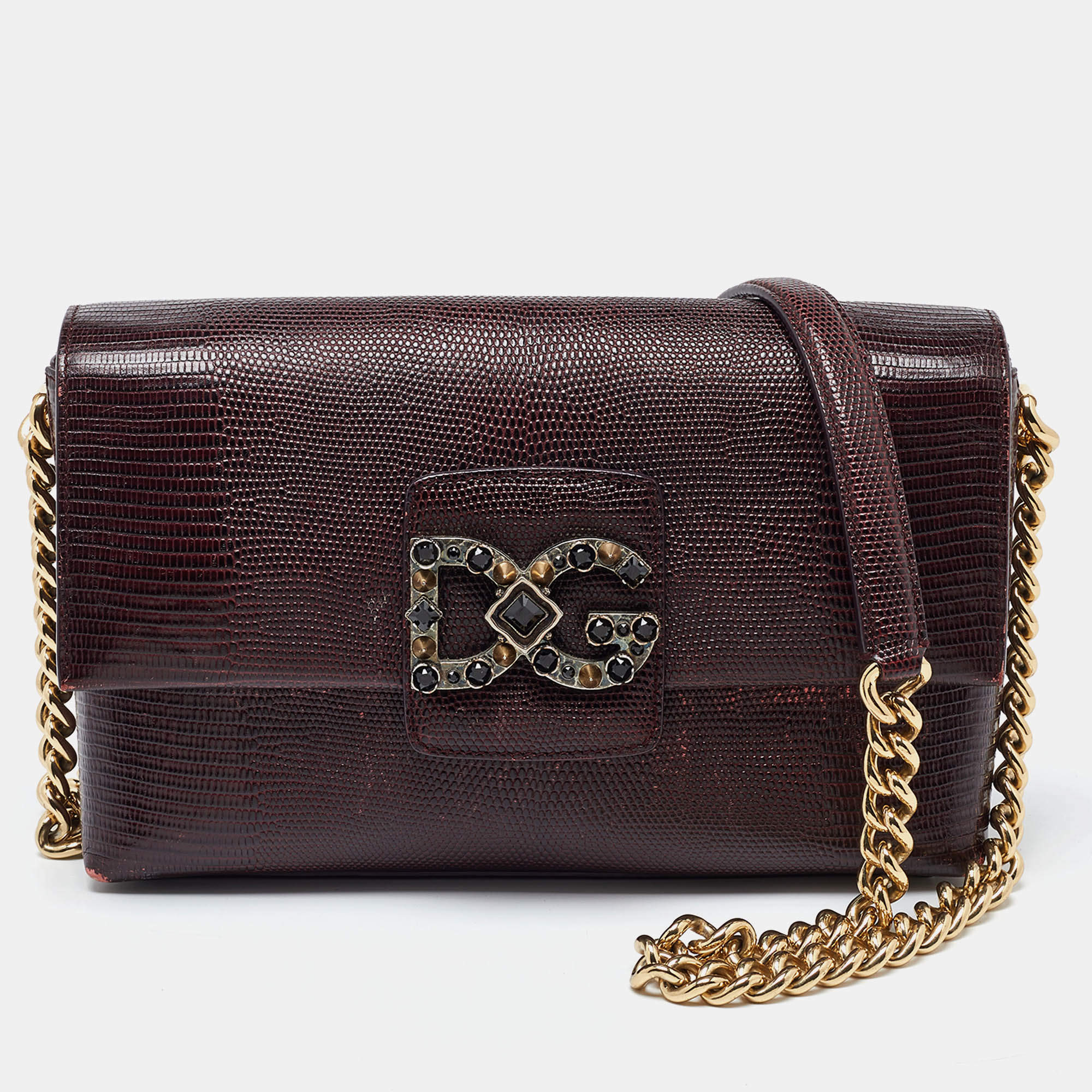 Pre Owned Dolce & Gabbana Burgundy Lizard Embossed Leather DG Millennials Shoulder Bag