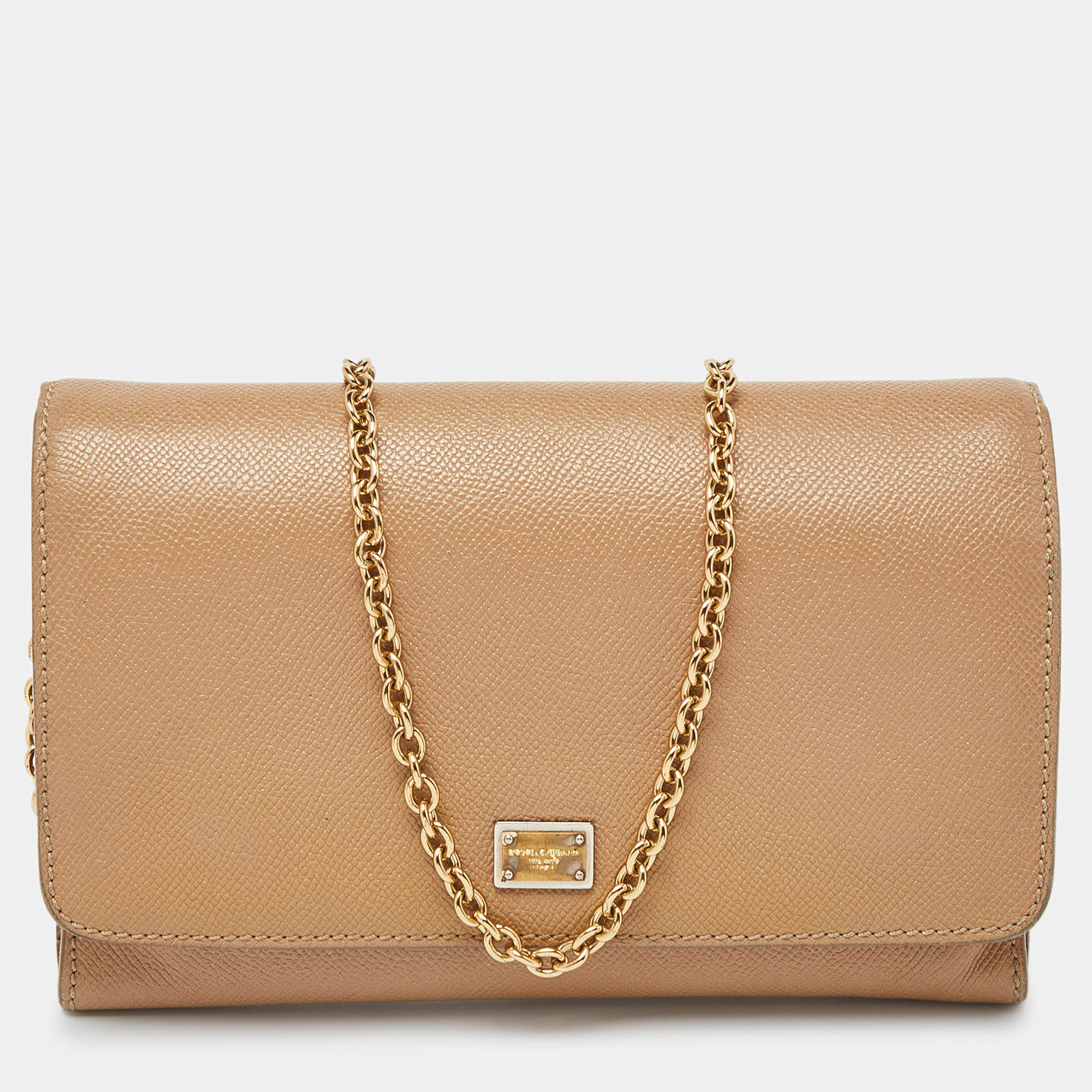 Pre Owned Dolce & Gabbana Beige Leather Flap Crossbody Bag