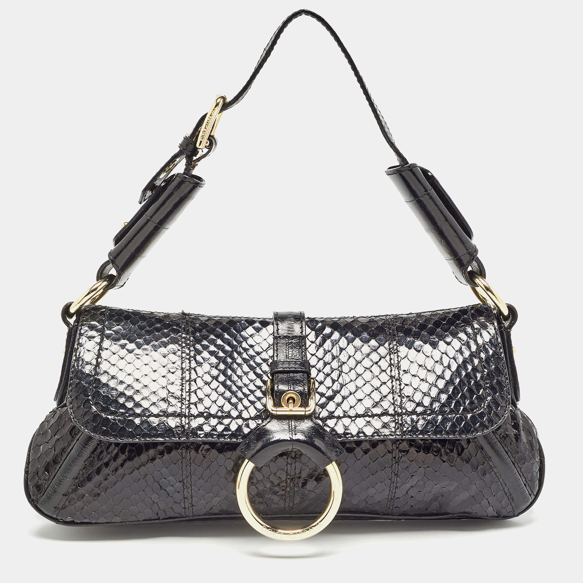 Pre Owned Dolce & Gabbana Black Python and Eel Leather Ring Flap Shoulder Bag
