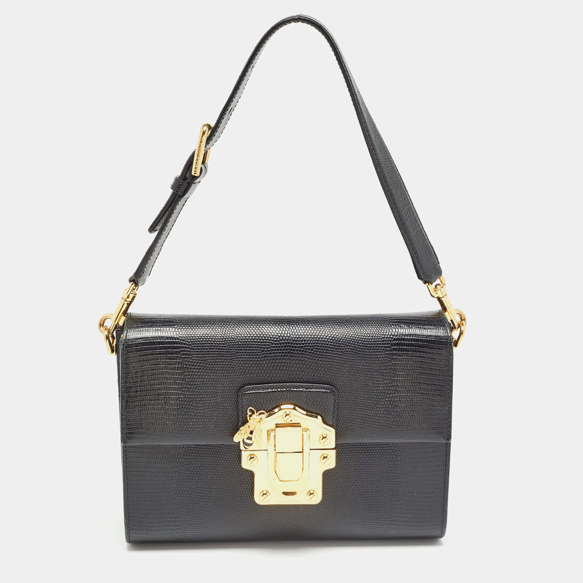 Pre Owned Dolce & Gabbana Black Lizard Embossed Leather Medium Lucia Shoulder Bag