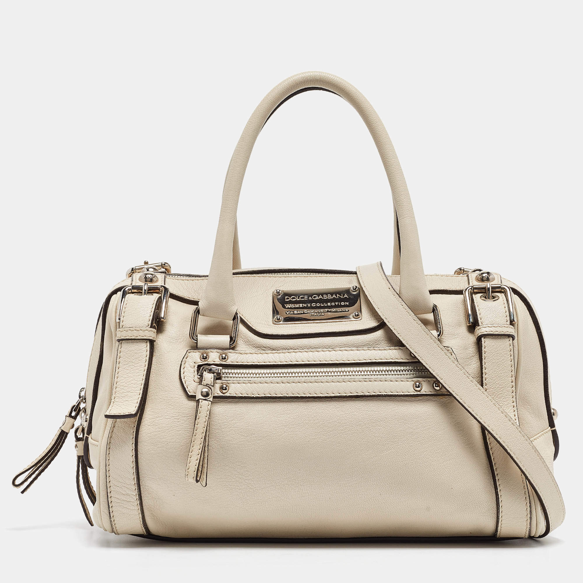 Pre Owned Dolce & Gabbana Off White Leather Miss Easy Way Satchel