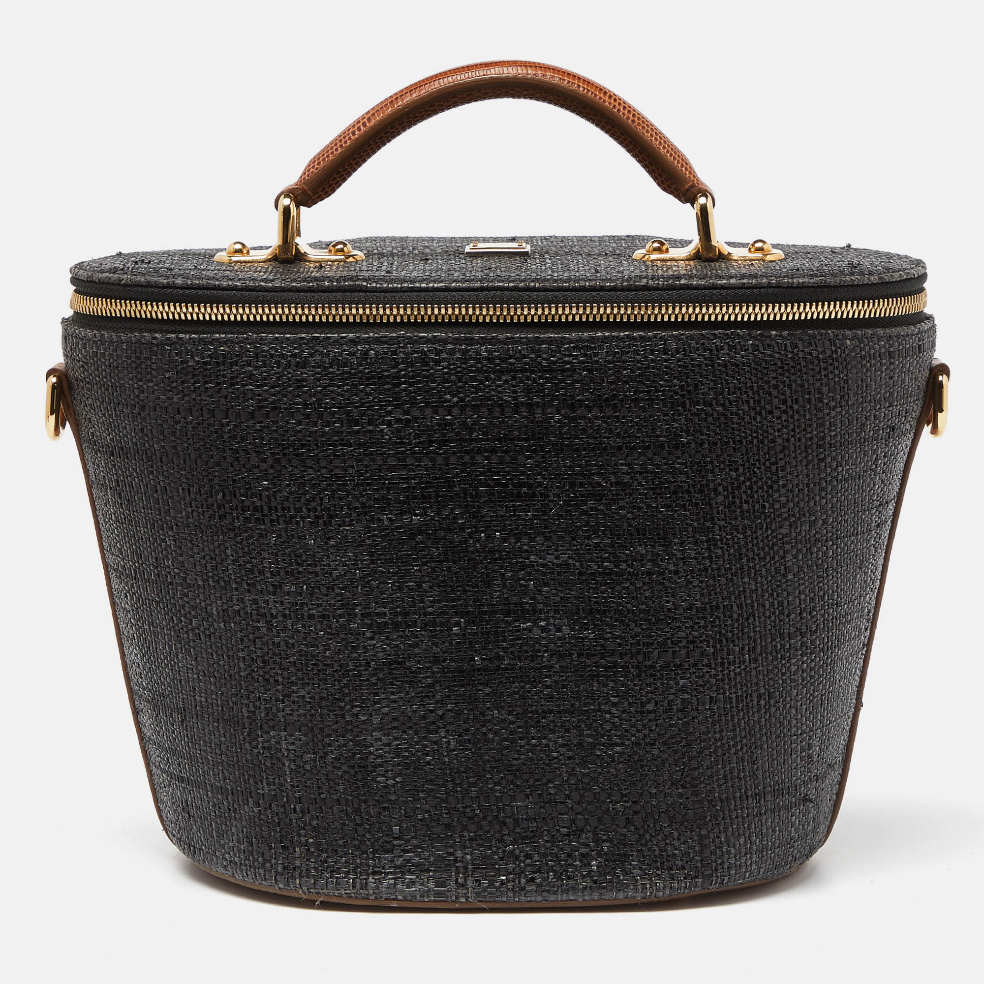 Pre Owned Dolce & Gabbana Grey/Brown Raffia and Lizard Embossed Leather Bucket Bag