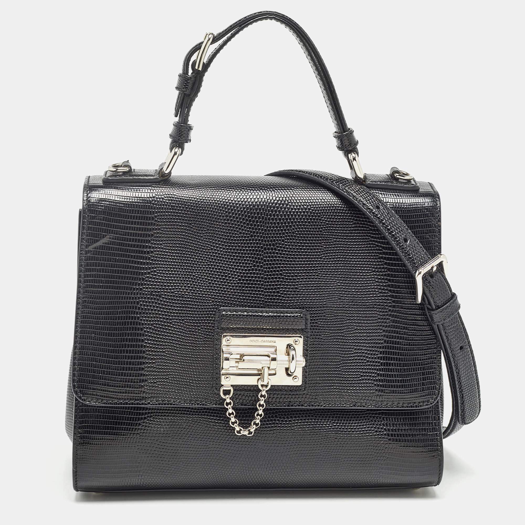 Pre Owned Dolce & Gabbana Black Lizard Embossed Leather Medium Miss Monica Top Handle Bag