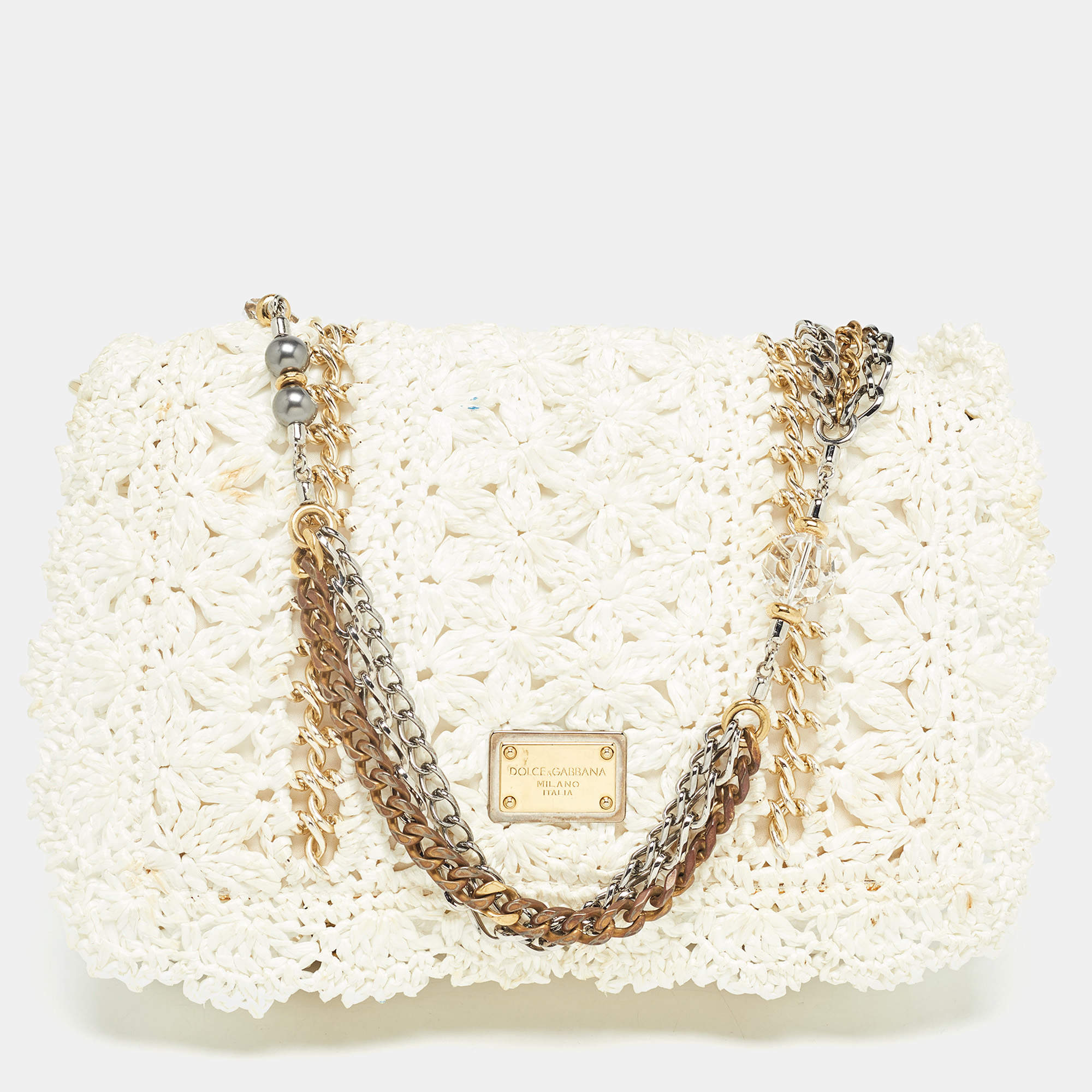 Dolce & Gabbana White Straw Crochet Miss Charles Shoulder Bag