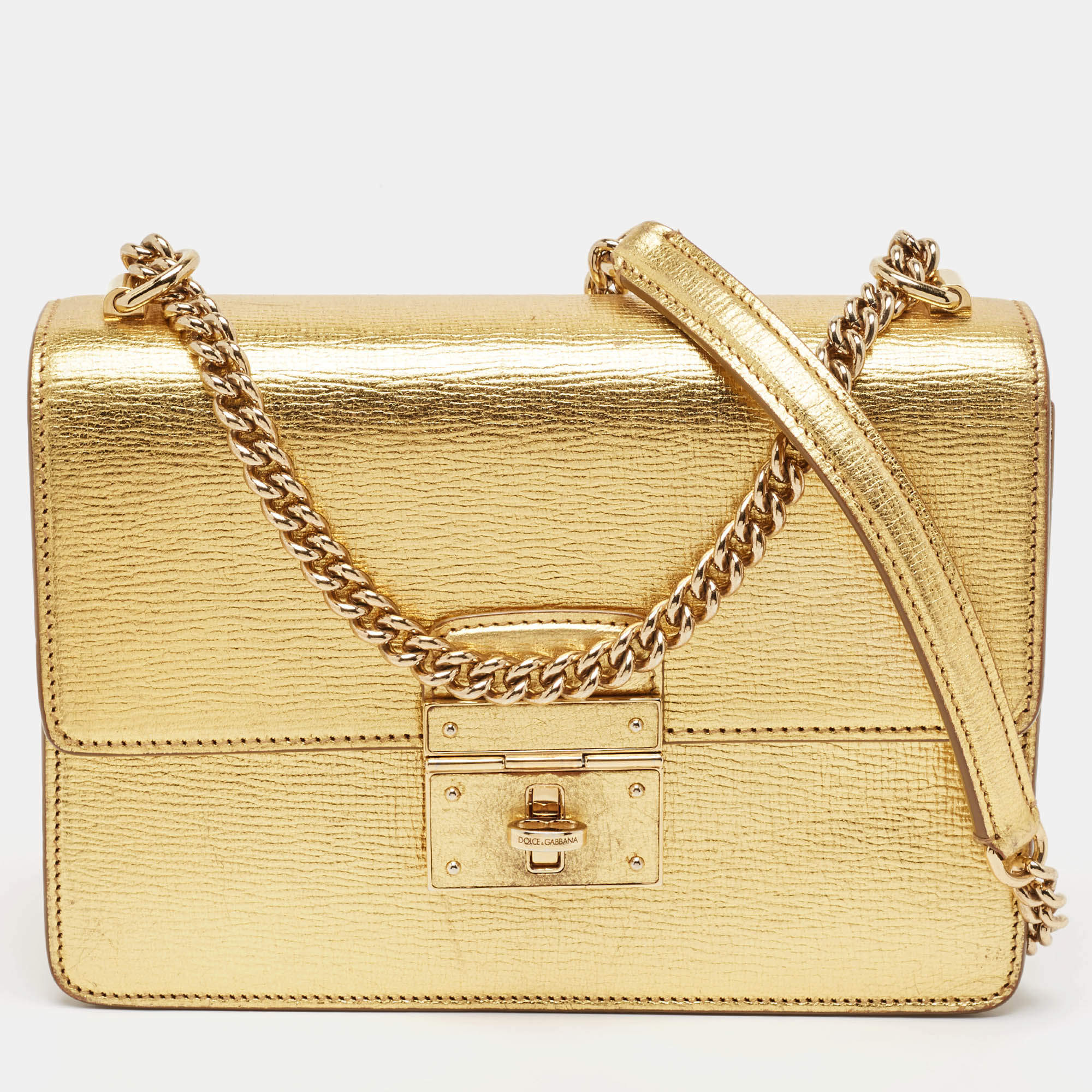 Pre Owned Dolce & Gabbana Gold Leather Small Rosalia Shoulder Bag