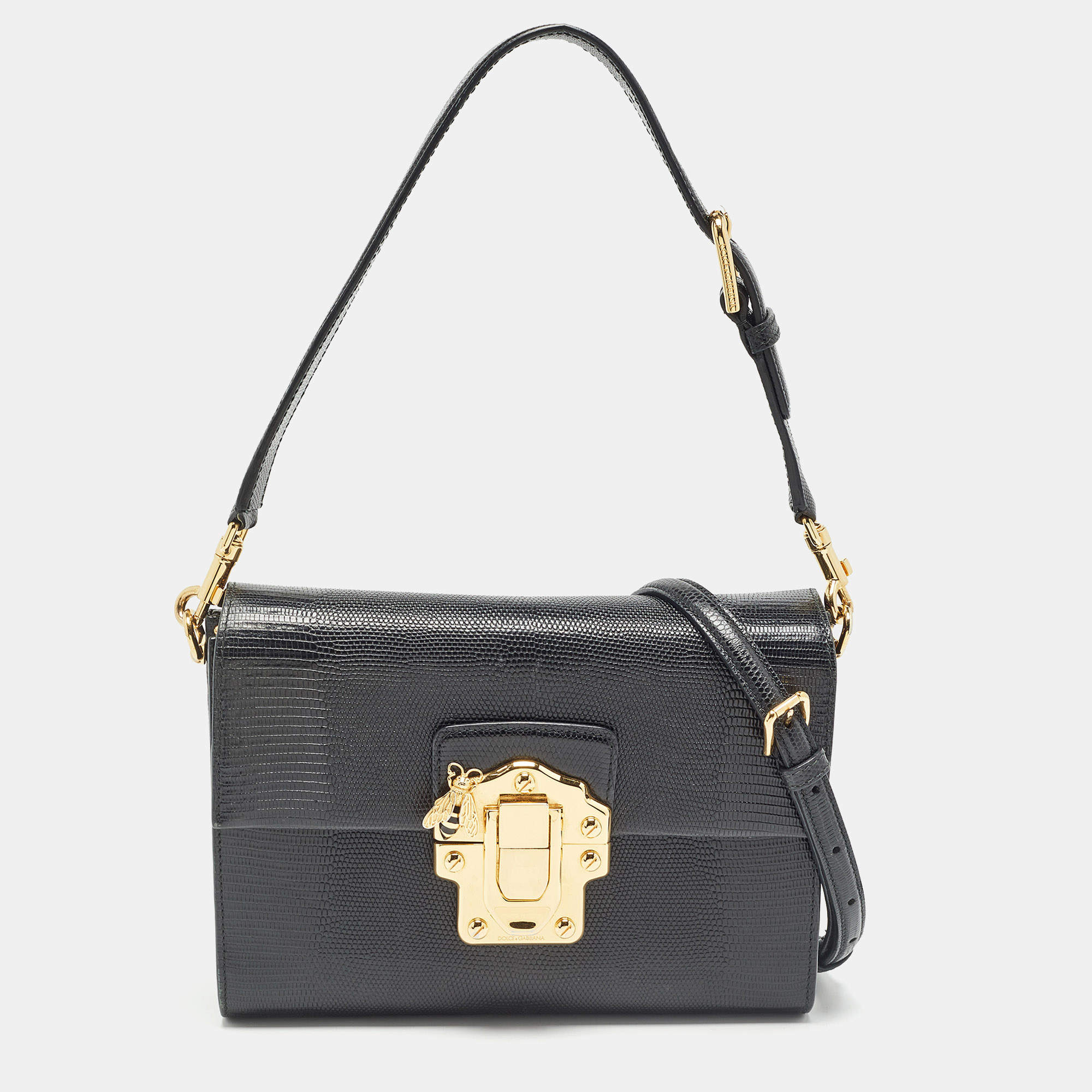 Pre Owned Dolce & Gabbana Black Lizard Embossed Leather Medium Lucia Shoulder Bag