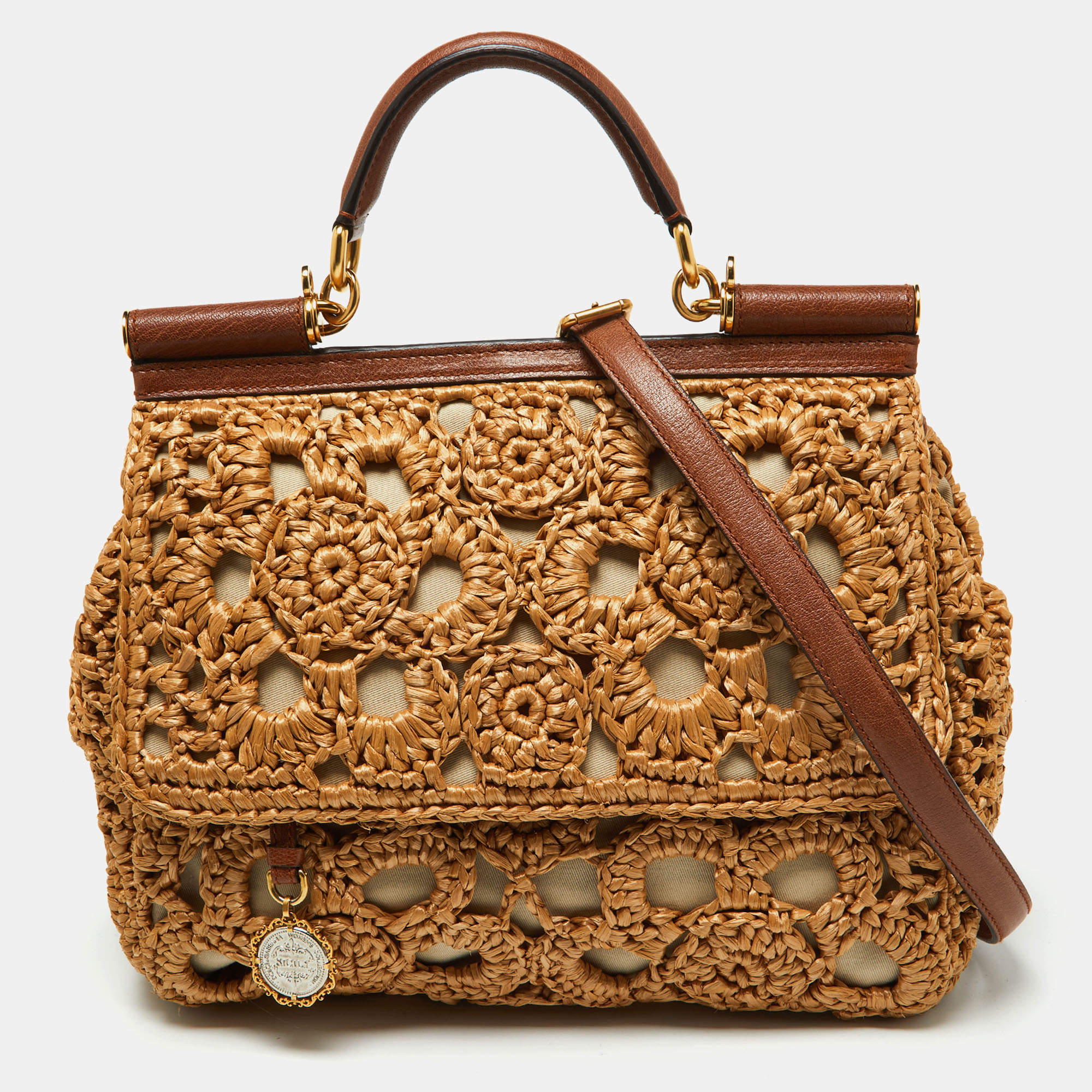 Pre Owned Dolce & Gabbana Beige/Brown Crochet Raffia and Leather Large Miss Sicily Top Handle Bag 