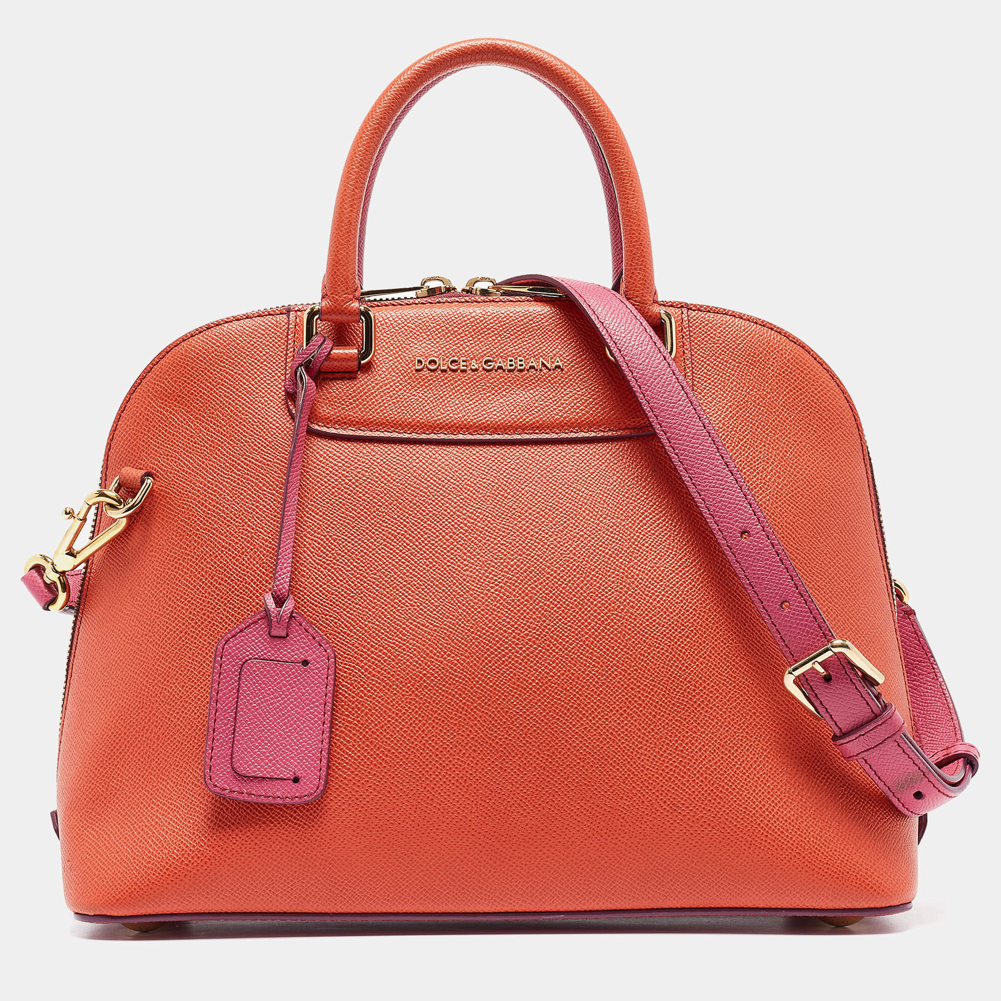 Pre Owned Dolce & Gabbana Orange/Pink Leather Small Megan Dome Satchel