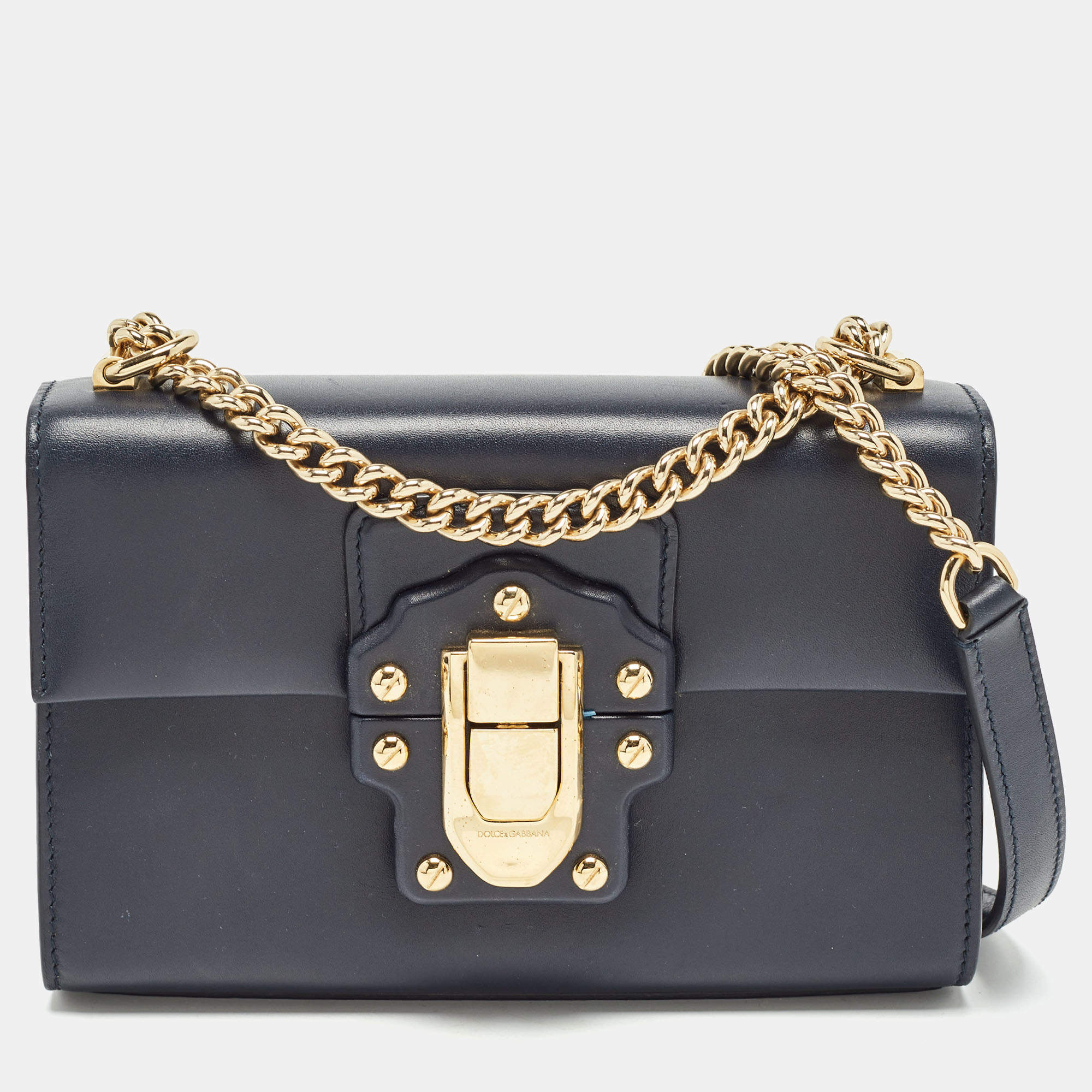 Pre Owned Dolce & Gabbana Navy Blue Leather Lucia Shoulder Bag 