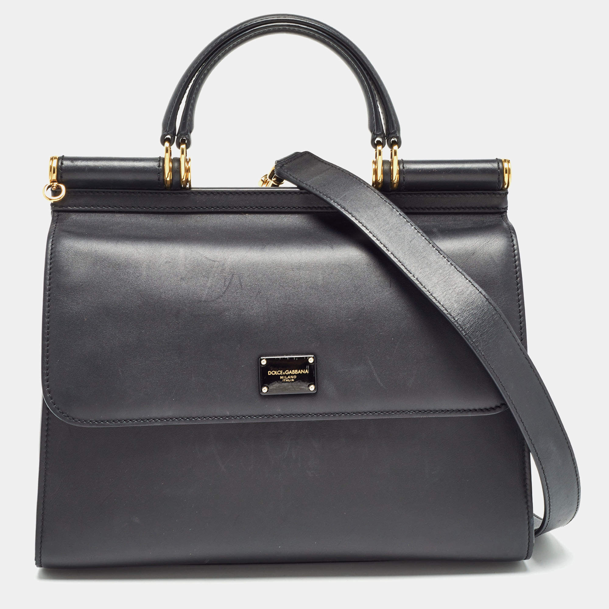 Pre Owned Dolce & Gabbana Black Leather Large Miss Sicily 58 Top Handle Bag
