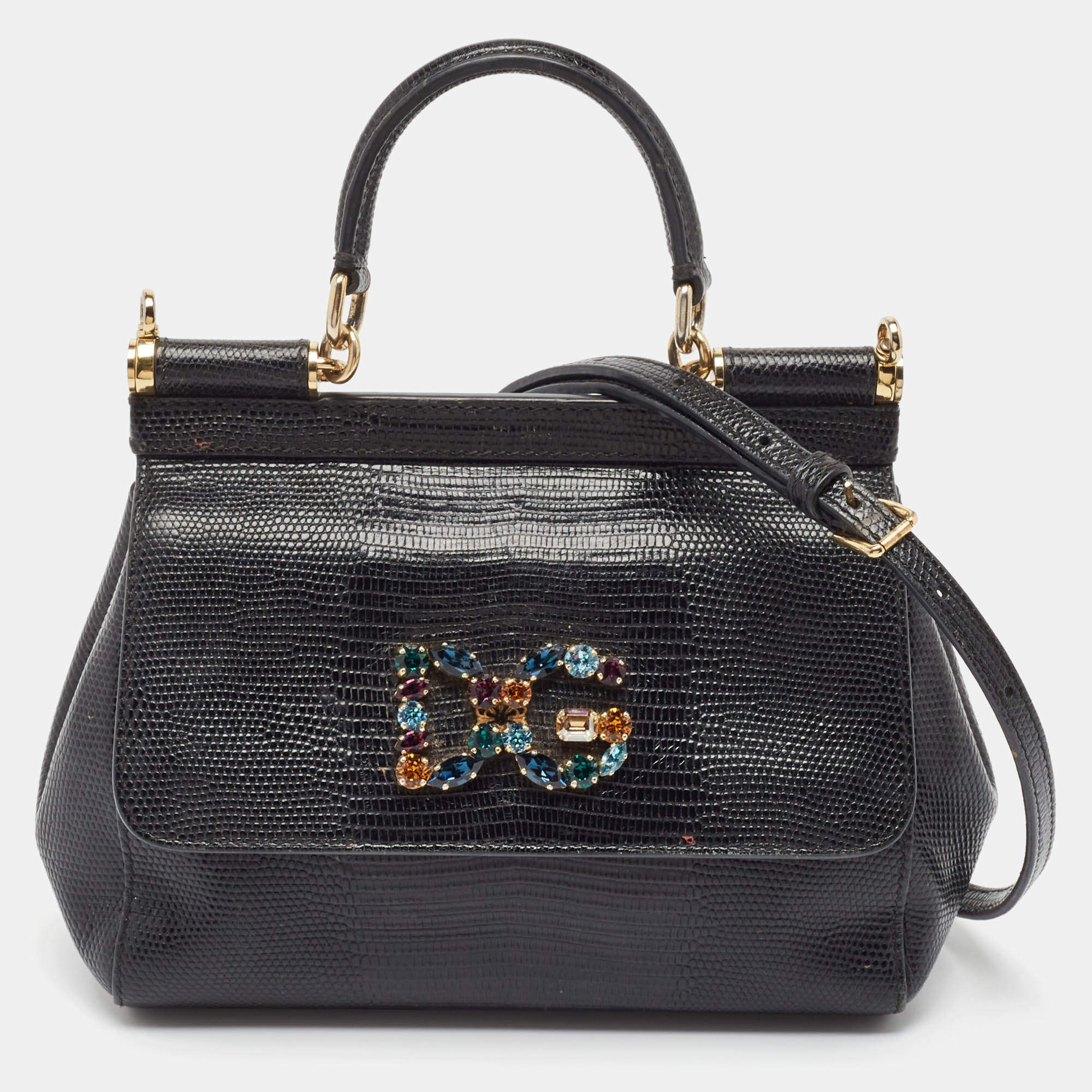 Pre Owned Dolce & Gabbana Black Lizard Embossed Leather Small Crystals DG Miss Sicily Bag