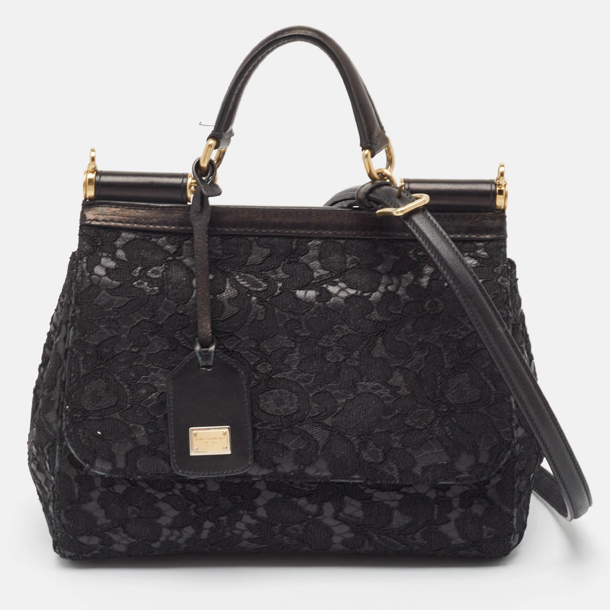 Pre Owned Dolce & Gabbana Black Leather and Lace Medium Miss Sicily Top Handle Bag