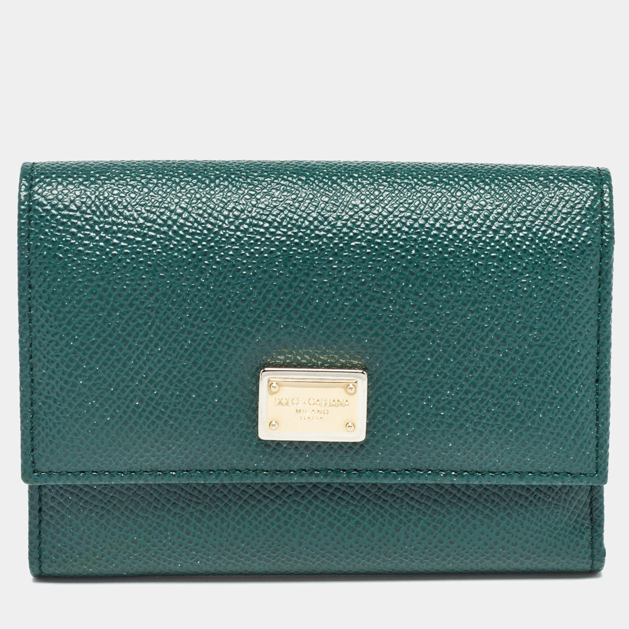 Pre Owned Dolce & Gabbana Green Leather Logo Plaque Trifold Wallet