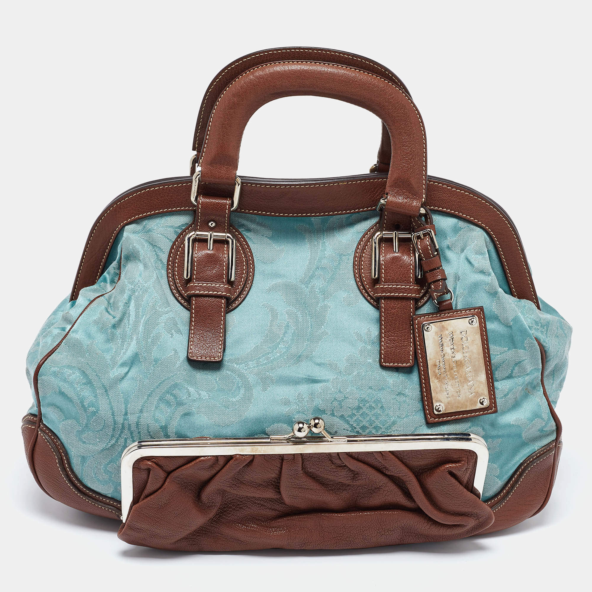 Dolce & Gabbana Brown/Blue Brocade Fabric and Leather Miss Romantique Satchel