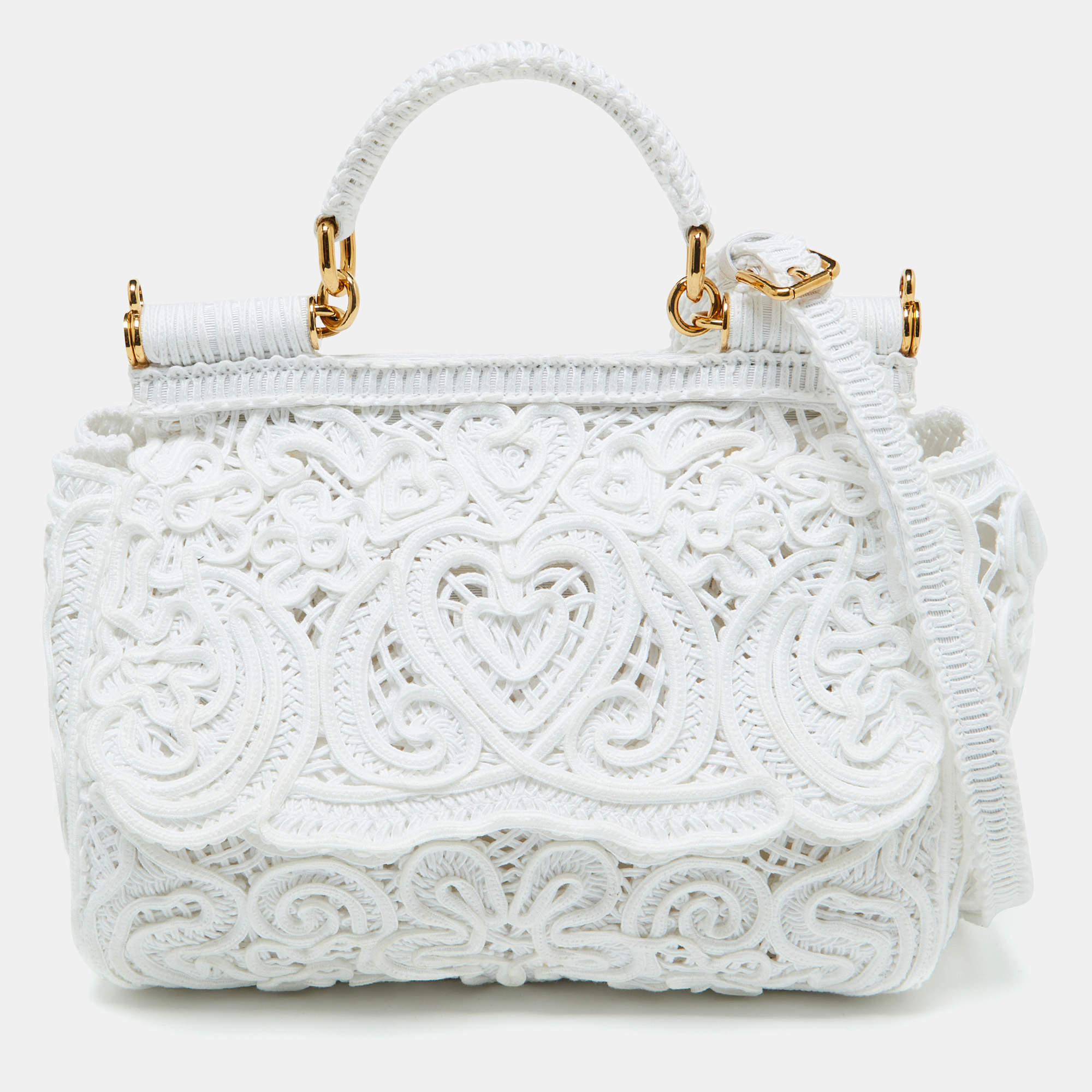 Pre Owned Dolce & Gabbana White Fabric Cordonetto Lace Medium Sicily Cordonetto Top Handle Bag