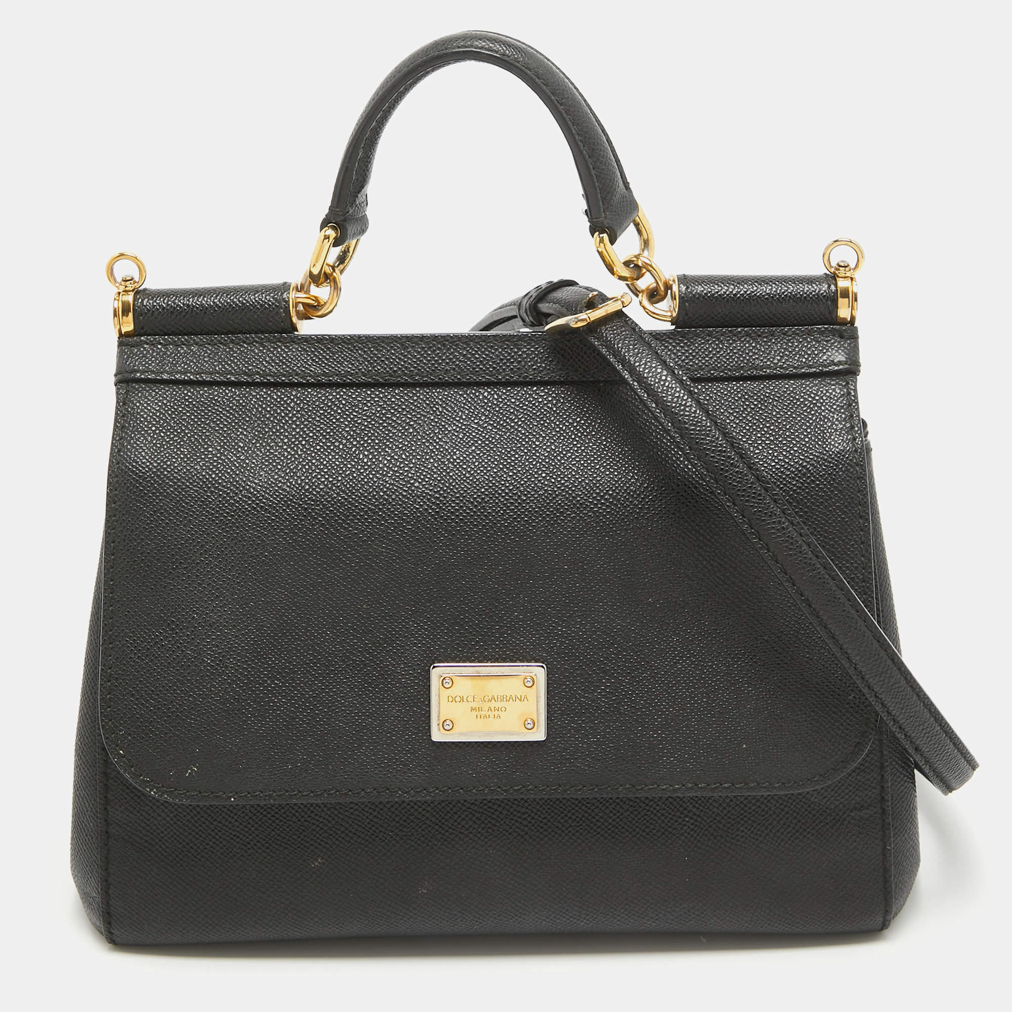 Pre Owned Dolce & Gabbana Black Leather Medium Miss Sicily Top Handle Bag