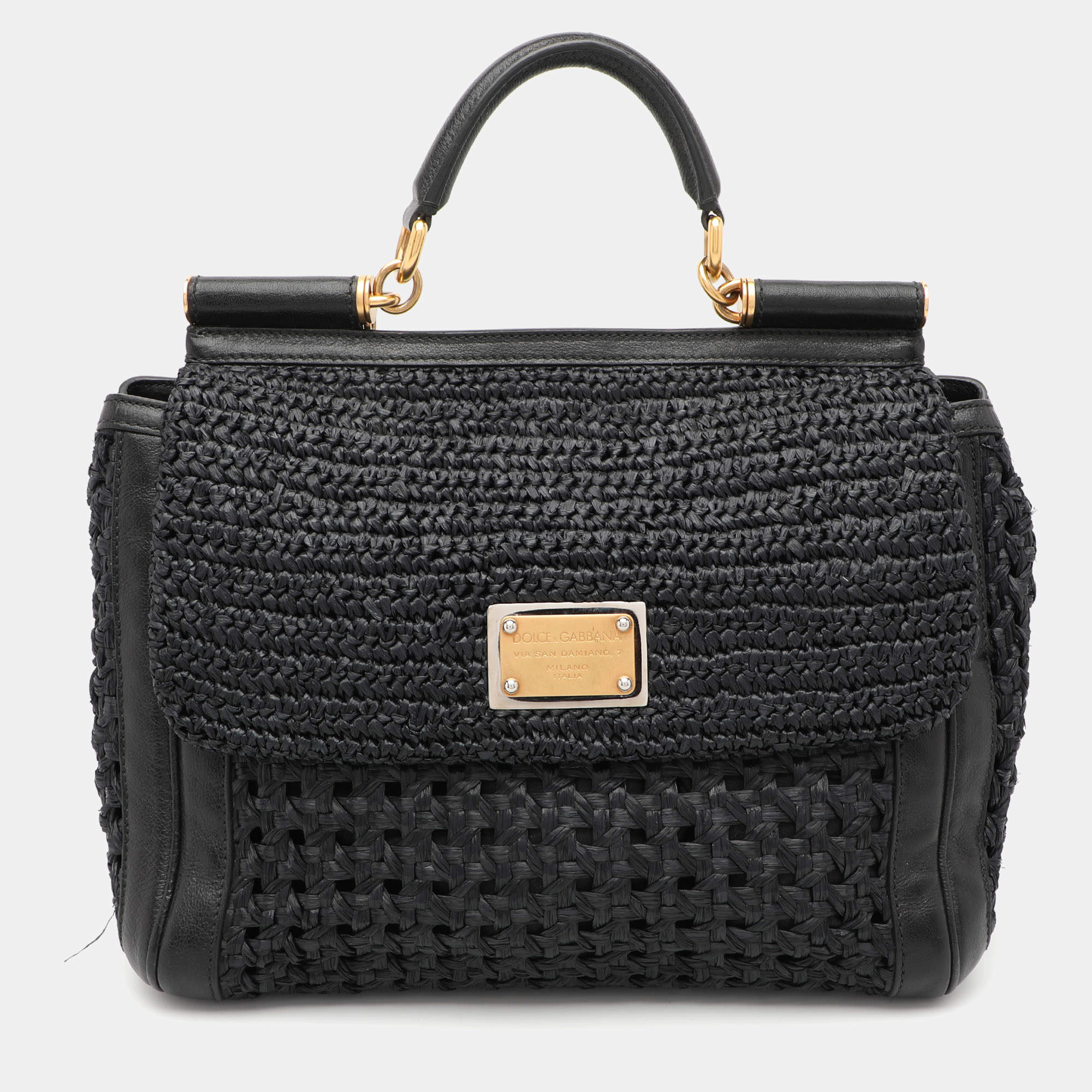 Pre Owned Dolce & Gabbana Black Leather and Raffia Miss Sicily Top Handle Bag