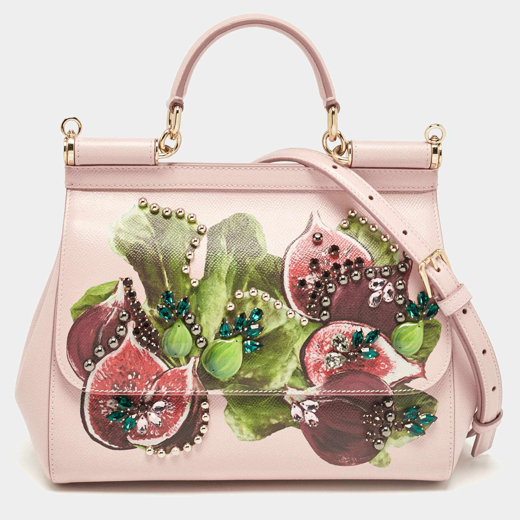 Pre Owned Dolce & Gabbana Pink Fig Print Leather Medium Embellished Sicily Top Handle Bag