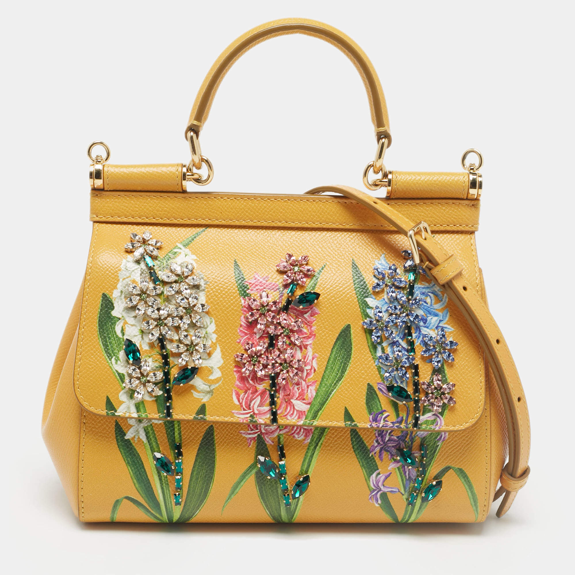 Pre Owned Dolce & Gabbana Mustard Floral Print Leather Small Crystals Sicily Top Handle Bag