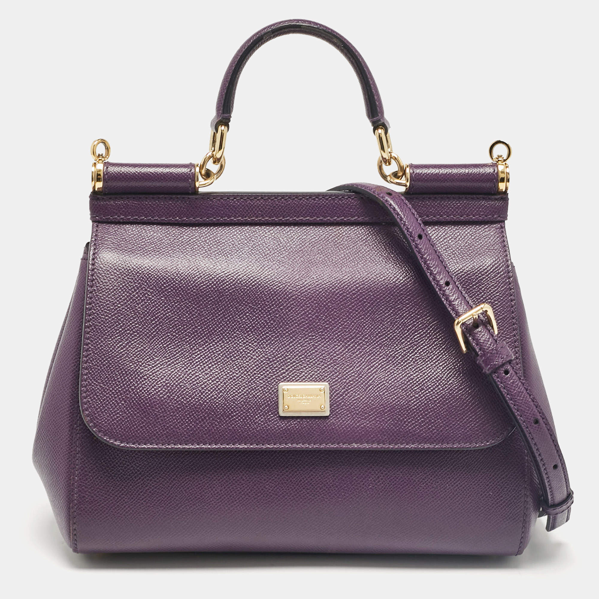 Pre Owned Dolce & Gabbana Purple Leather Medium Miss Sicily Top Handle Bag