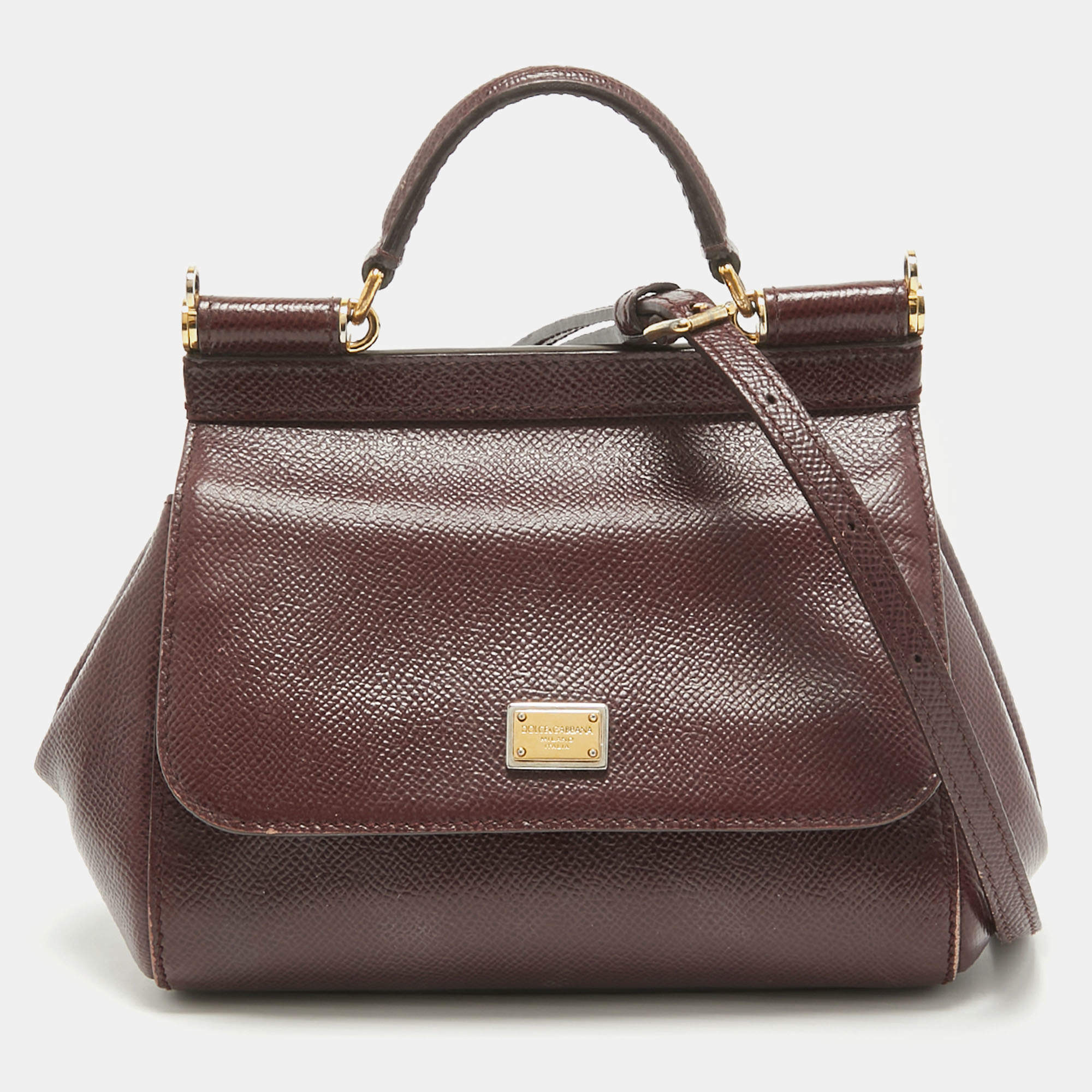 Pre Owned Dolce & Gabbana Burgundy Leather Mini Miss Sicily Top Handle Bag