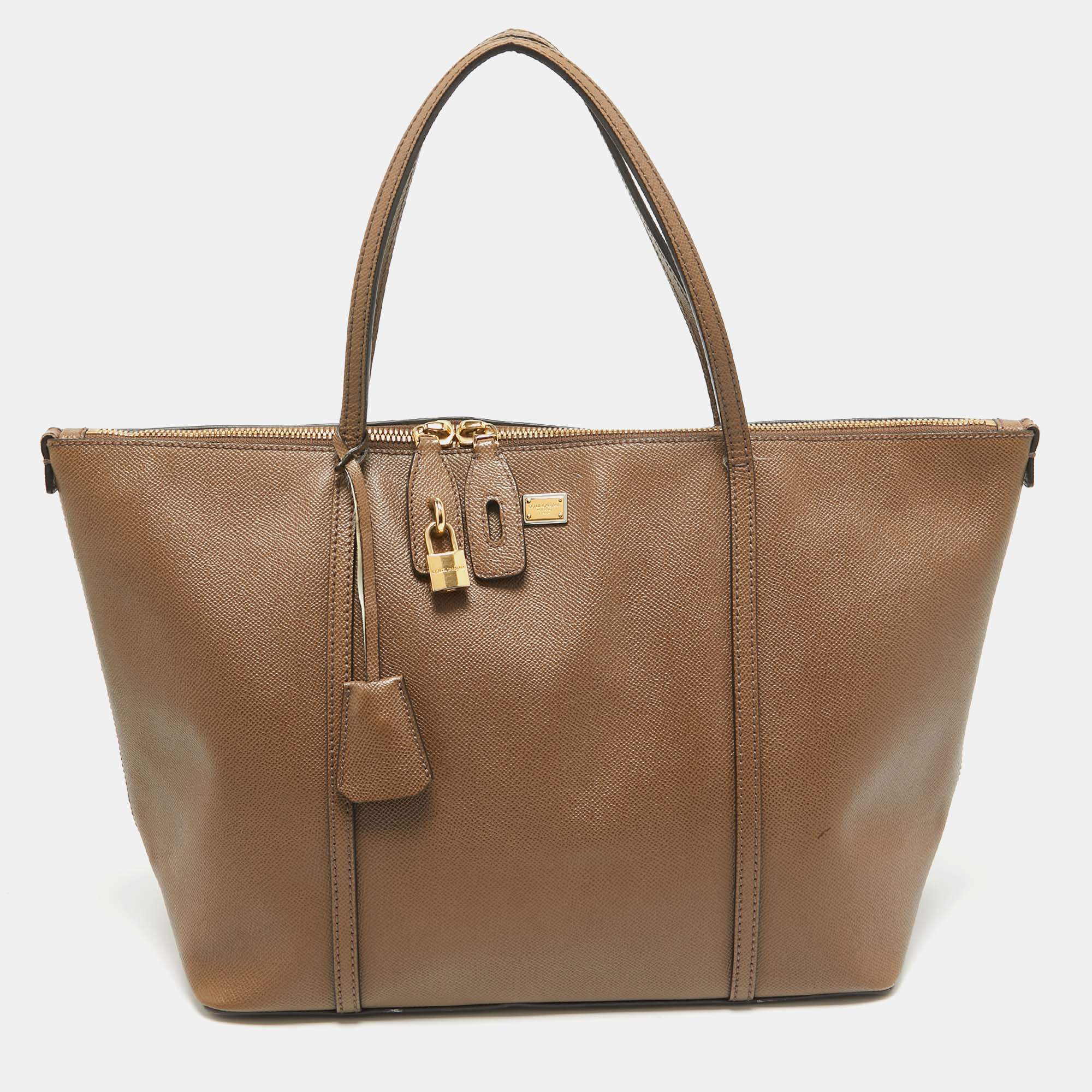 Pre Owned Dolce & Gabbana Dark Beige Leather Miss Escape Zip Tote