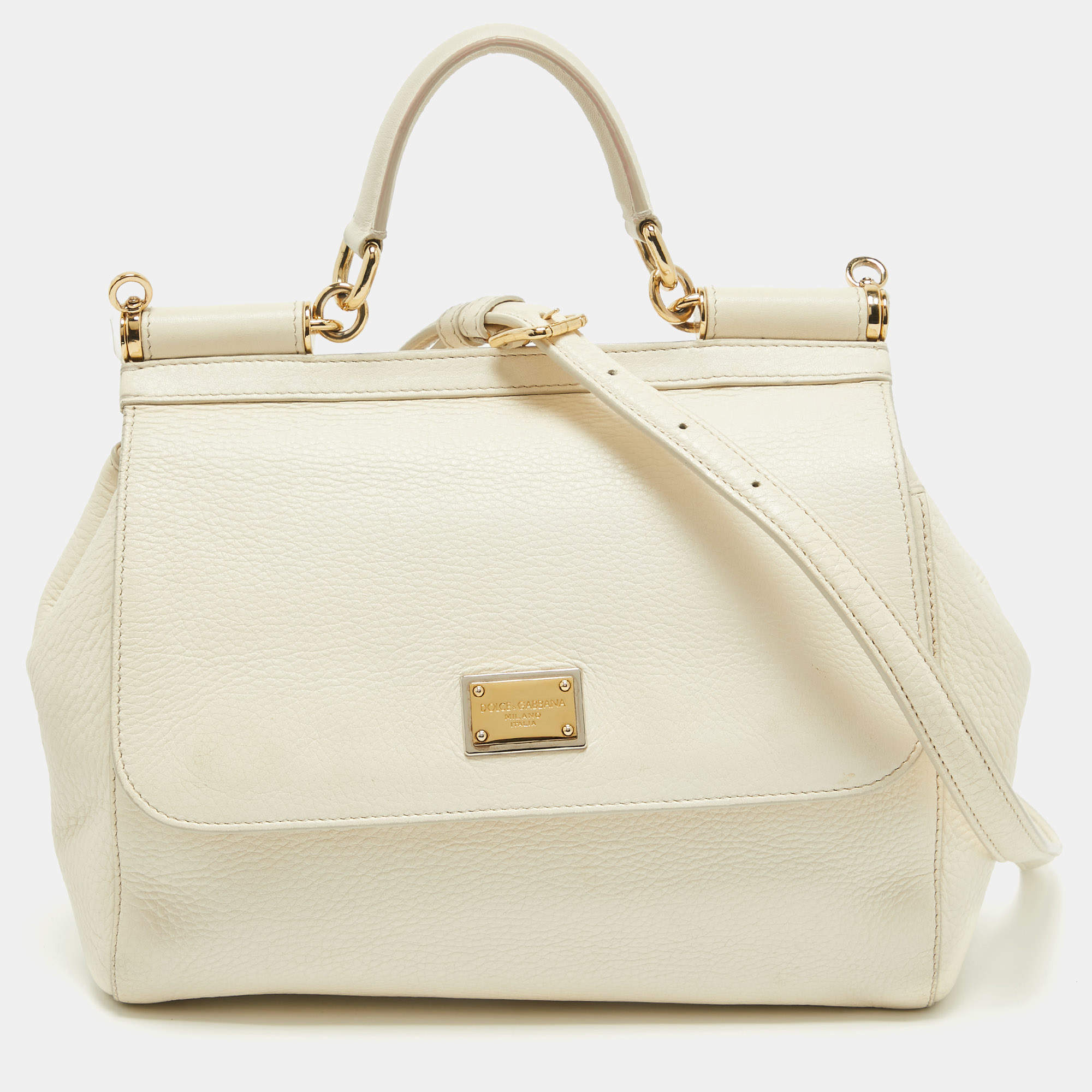 Pre Owned Dolce & Gabbana Off White Leather Medium Miss Sicily Top Handle Bag