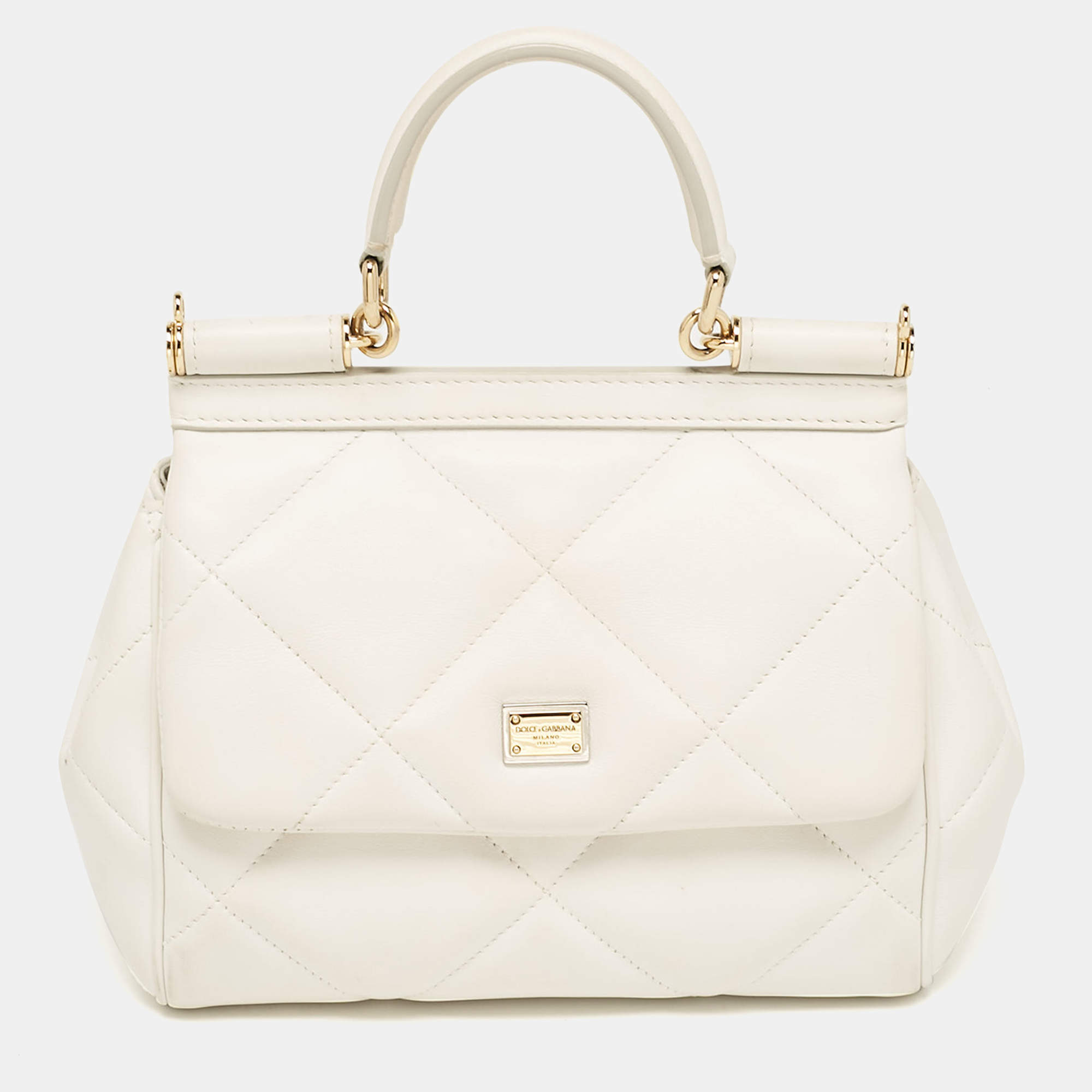 Pre Owned Dolce & Gabbana White Quilted Leather Small Miss Sicily Top Handle Bag