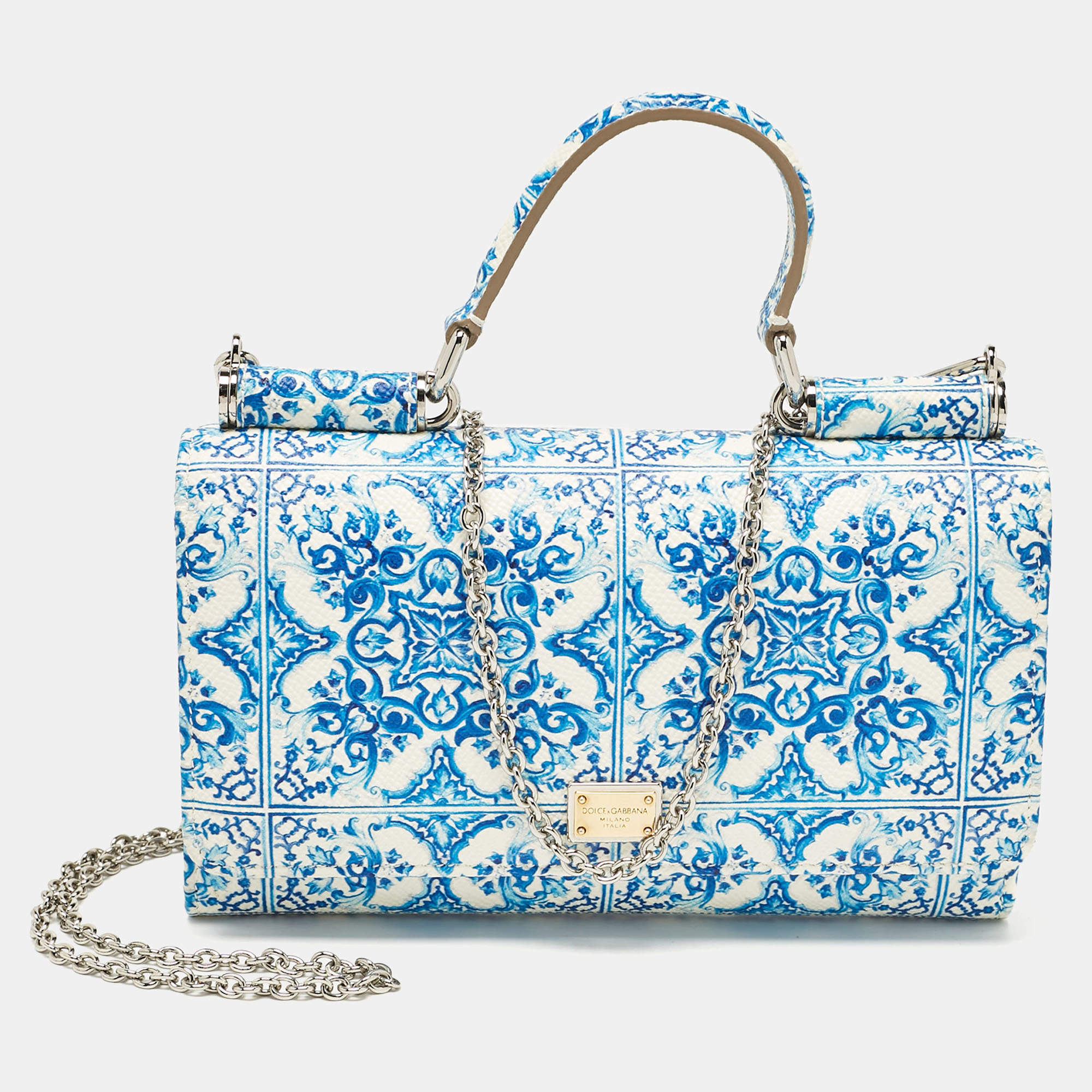 Pre Owned Dolce & Gabbana Blue/White Majolica Print Leather Miss Sicily Wallet On Chain