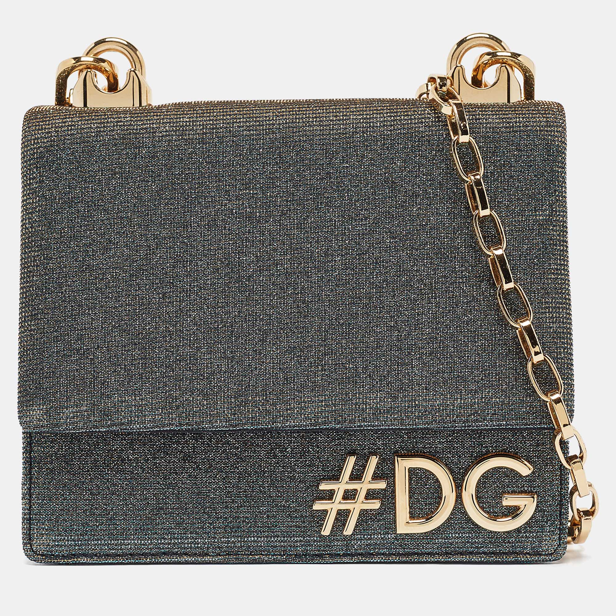 Pre Owned Dolce & Gabbana Blue/Gold Lurex Fabric DG Girls Flap Shoulder Bag